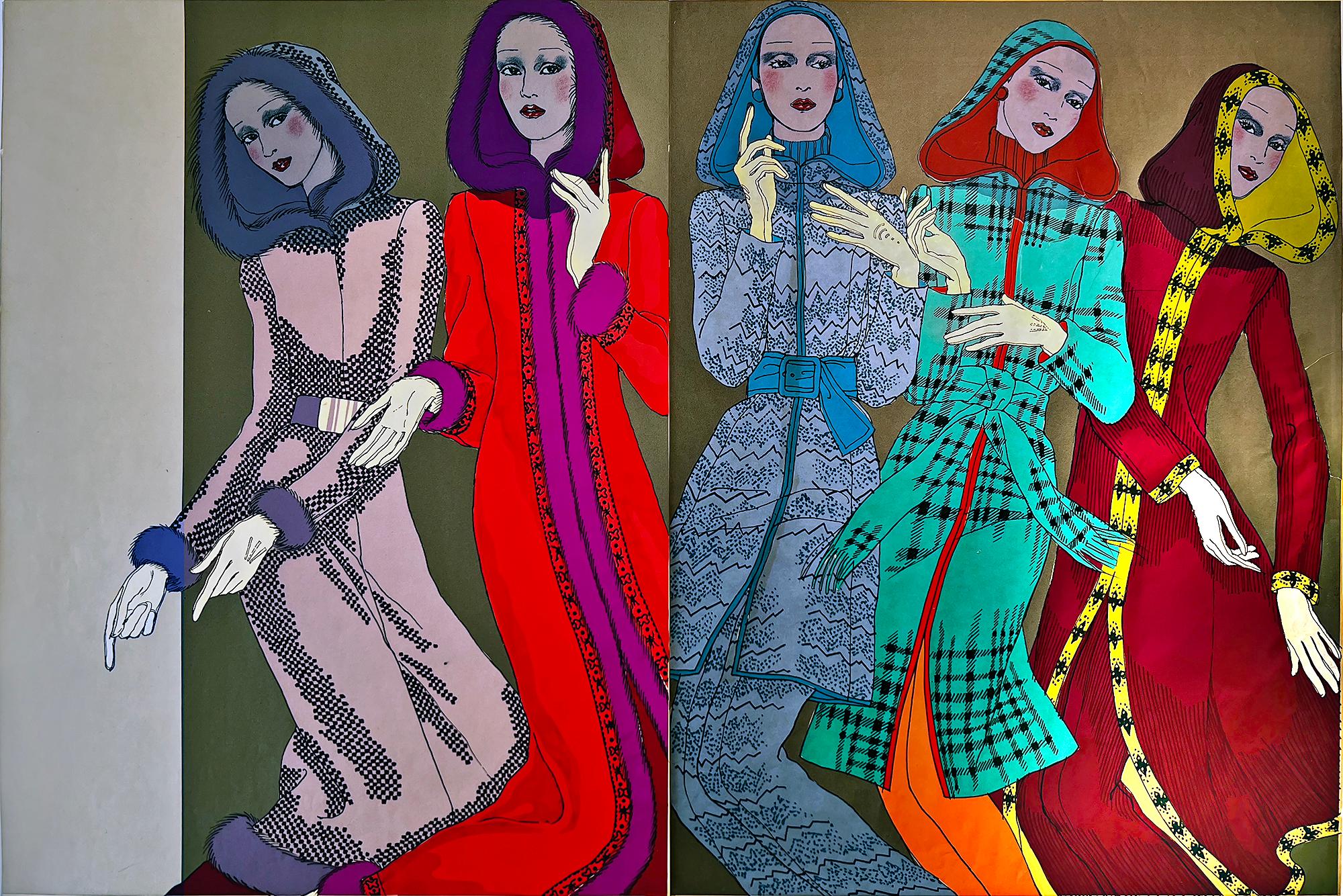 Antonio Lopez Figurative Art – Fünf Modemodelle mit Kapuze mit Kapuze und Kapuze Vogue-Muster 1970er Jahre Mode - Puerto Rican