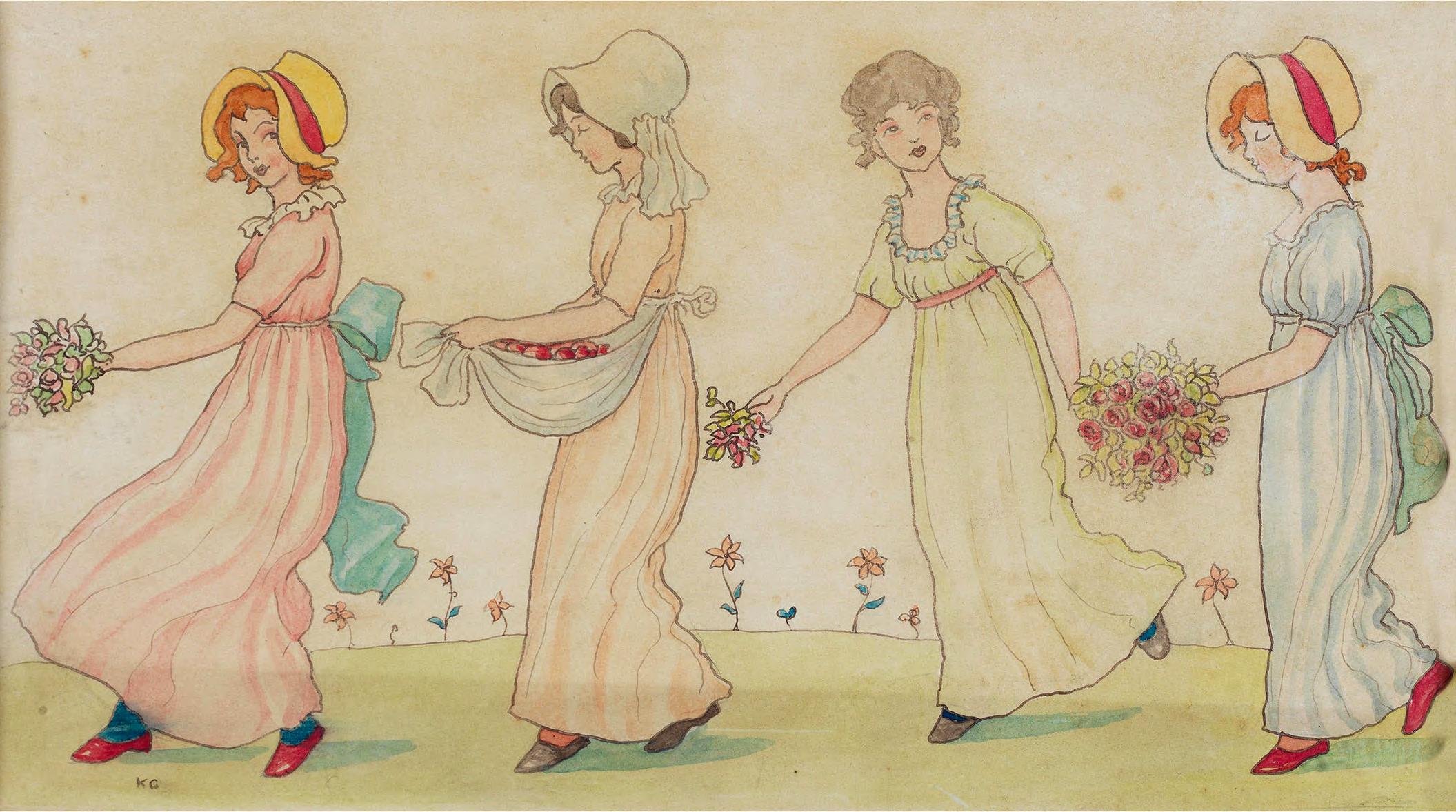 Figurative Art kate Greenaway - Quatre filles avec des fleurs - Illustrateur féminin anglais