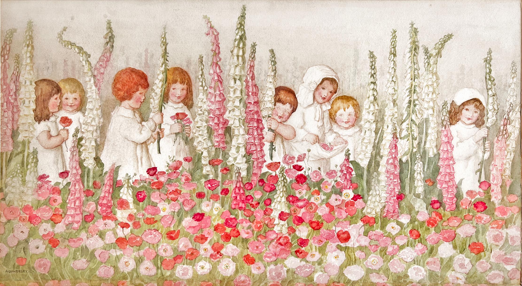 Amelia Bauerle  ( Bowerley )  Landscape Art – Kinder mit Fuchspelzen - Rosa Blumen, weibliche Illustratorin des Goldenen Zeitalters