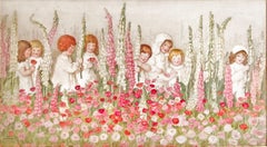 Kinder mit Fuchspelzen - Rosa Blumen, weibliche Illustratorin des Goldenen Zeitalters