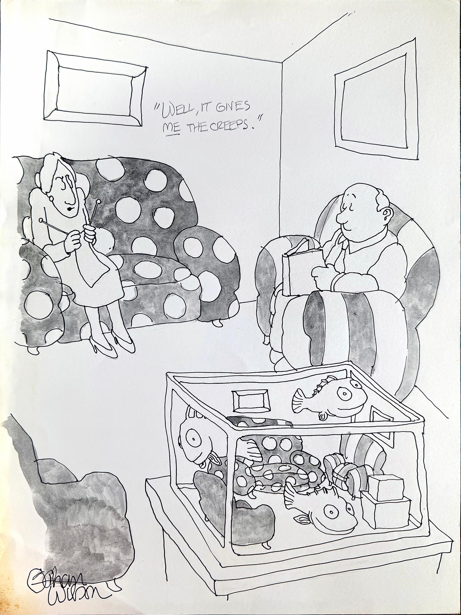 Fischschale in Fischform sieht aus wie das Wohnzimmer -Schule von Macabre Charles Addams
