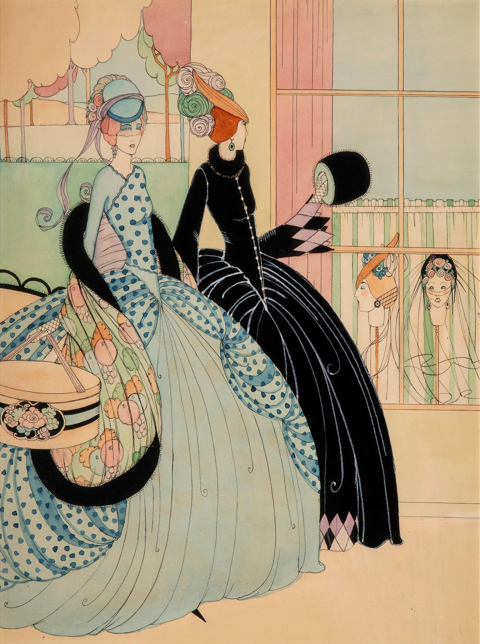 Figurative Art Helen Dryden - Vogue - Femmes habillées de manière élégante en quête de chapeaux Art Nouveau - Artiste féminine