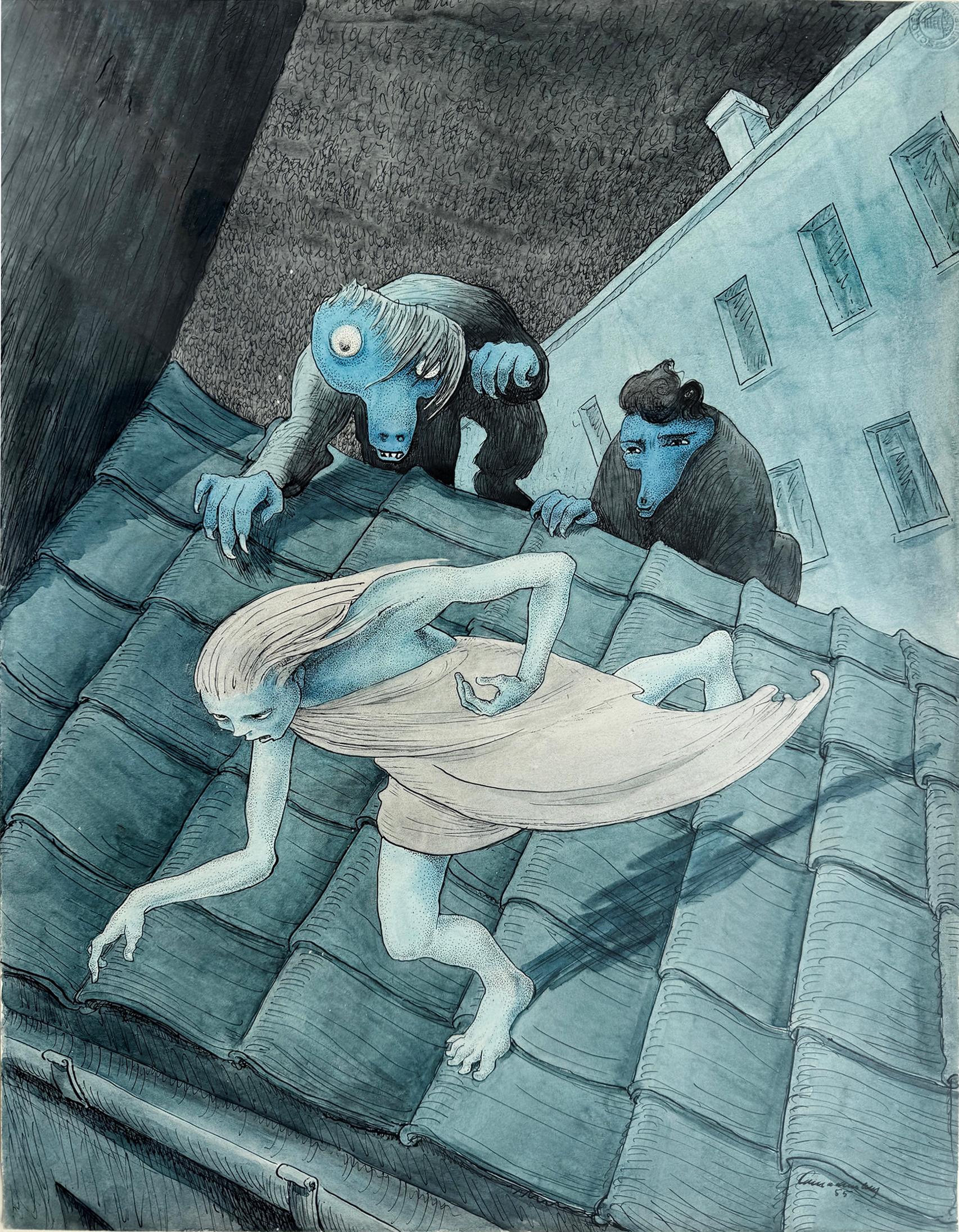 Portrait Walter Schnackenberg - Échapper à des monstres inquiétants sur le toit la nuit  - Fantaisie macabre