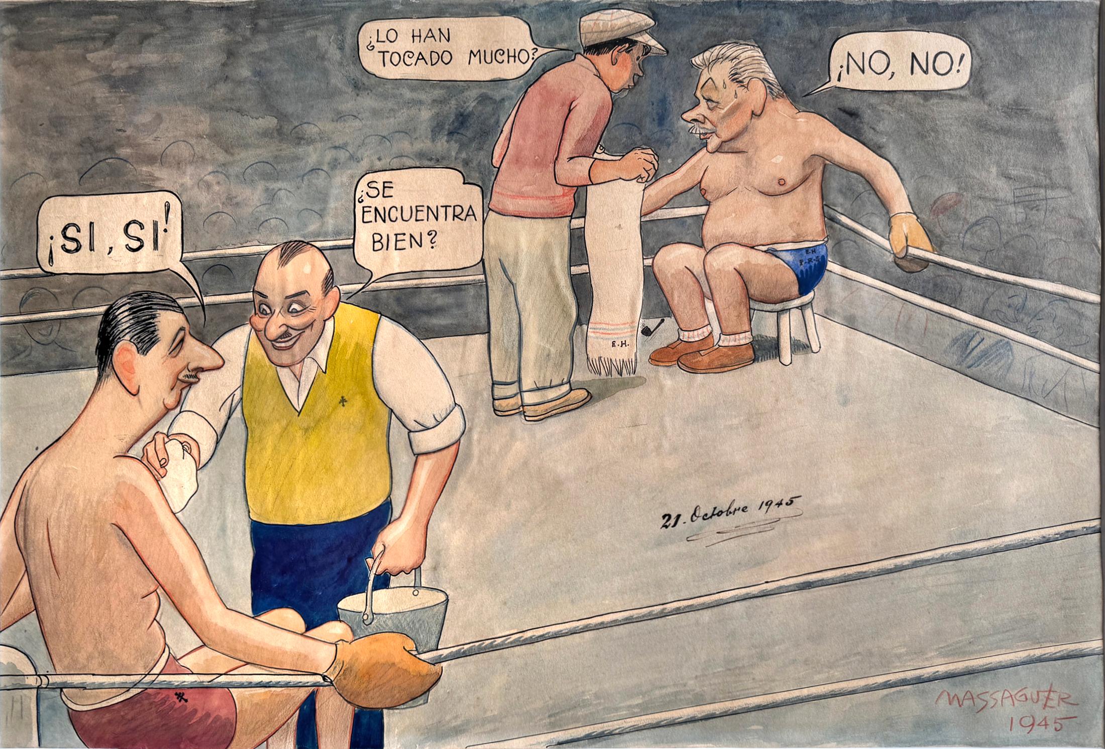 Conrado Massaguer Figurative Art - Charles de Gaulle Boxing Match Political Cartoon - Cuban Artist