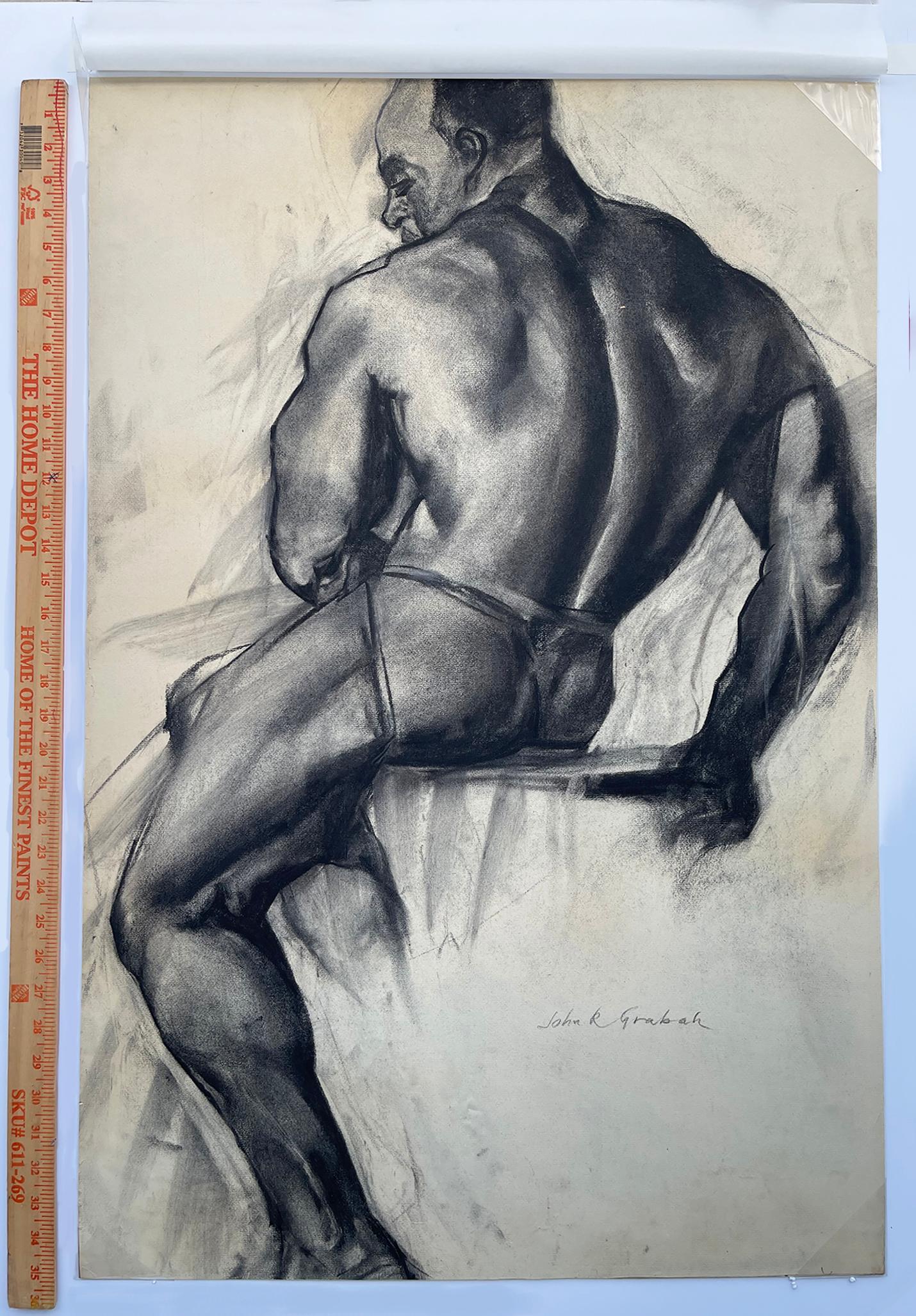 Black Male Nude Sitting,   Academic Charcoal Nude Figure Drawing Life Class  - Art by John R. Grabach