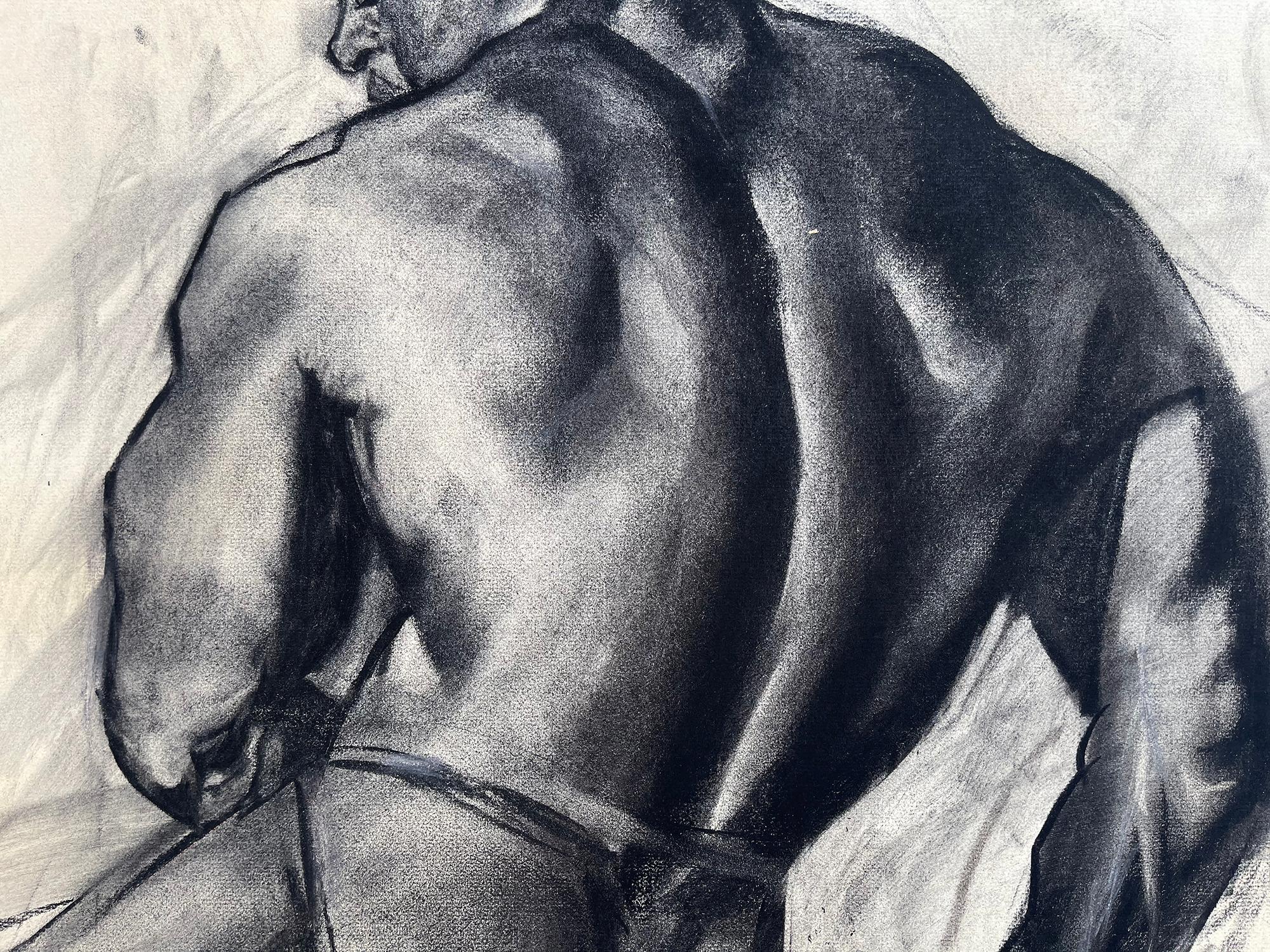 Black Male Nude Sitting,   Academic Charcoal Nude Figure Drawing Life Class  - Gray Figurative Art by John R. Grabach
