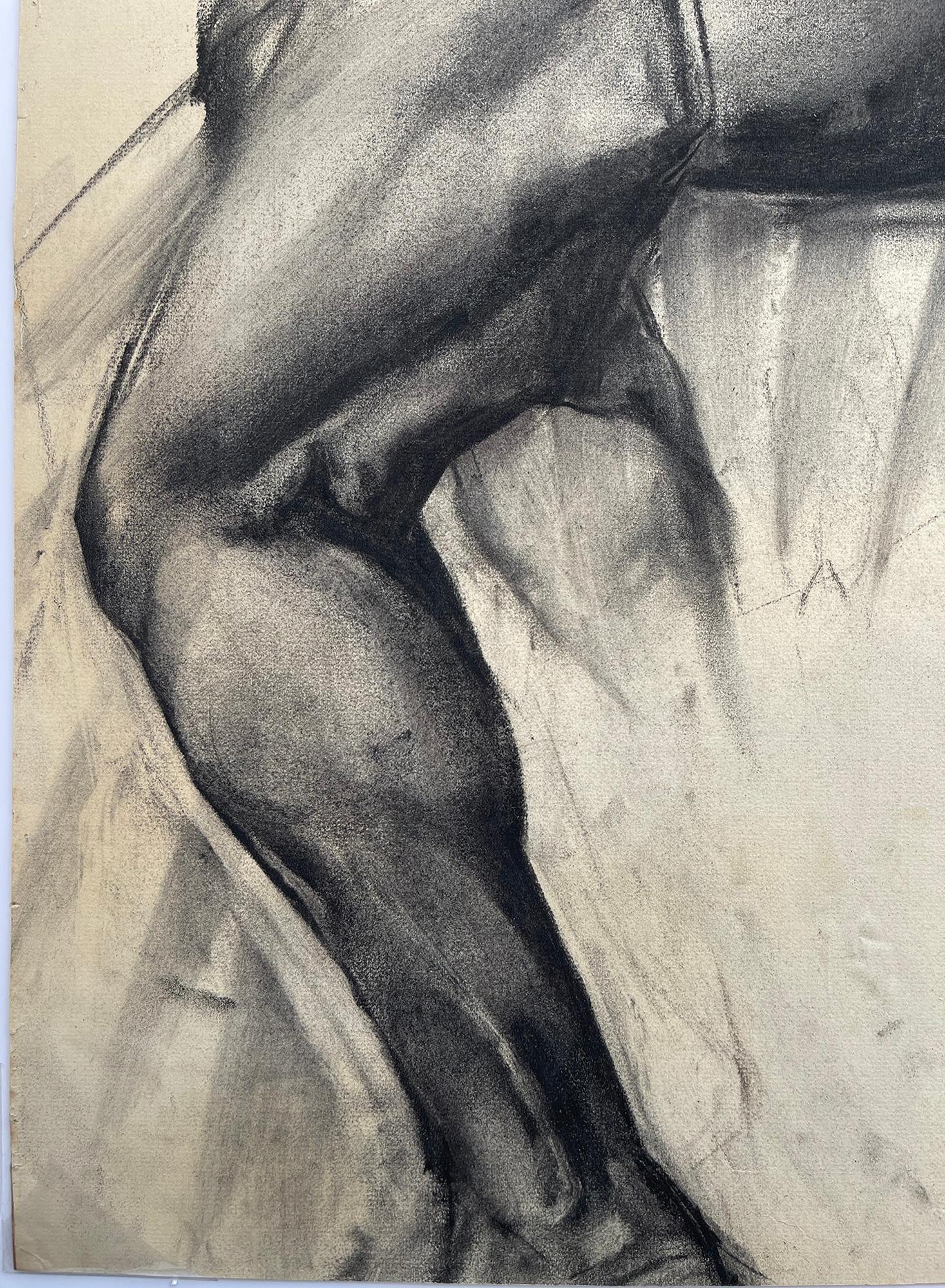 Black Male Nude Sitting,   Academic Charcoal Nude Figure Drawing Life Class  For Sale 1