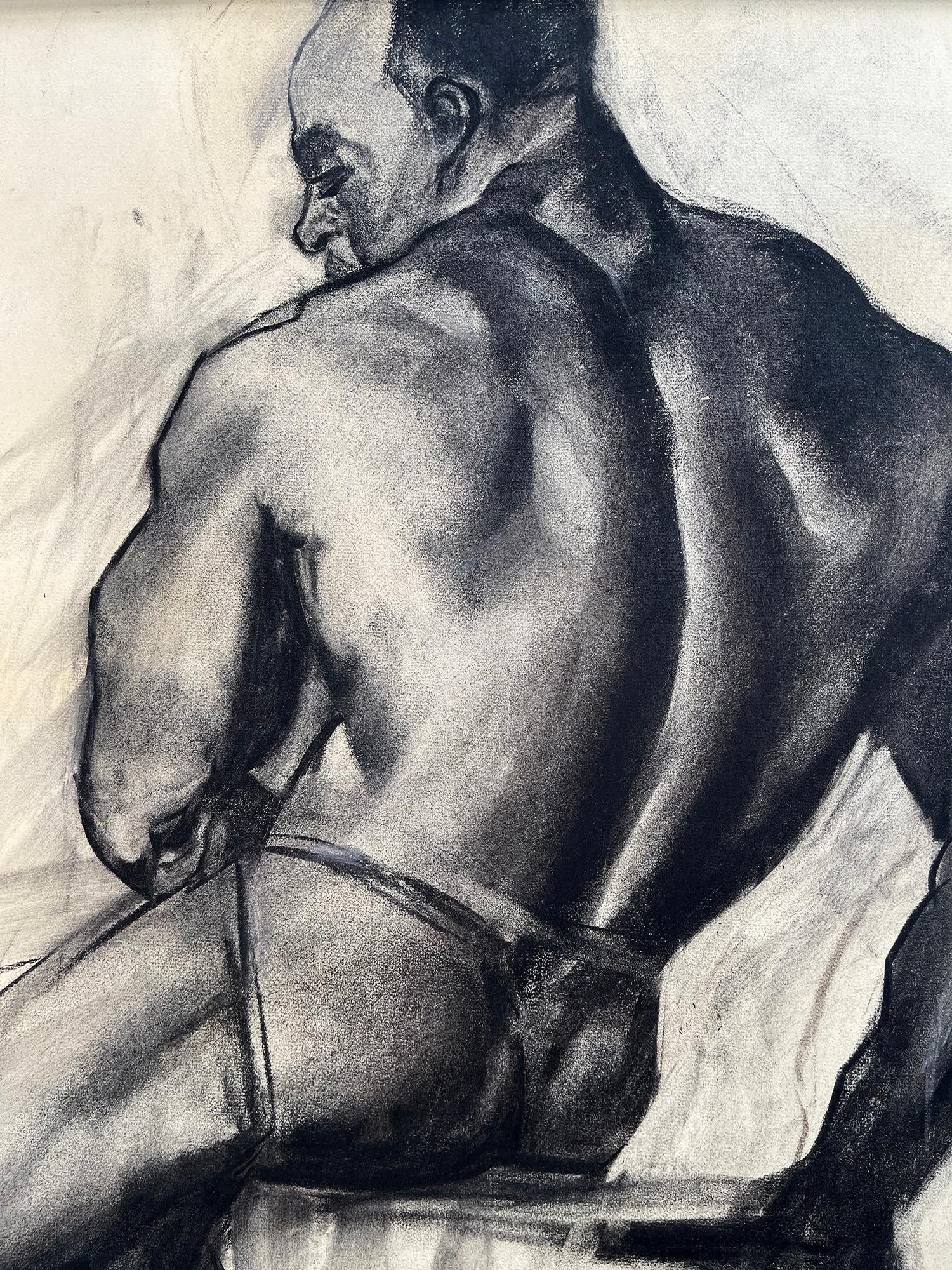 Black Male Nude Sitting,   Academic Charcoal Nude Figure Drawing Life Class  For Sale 2