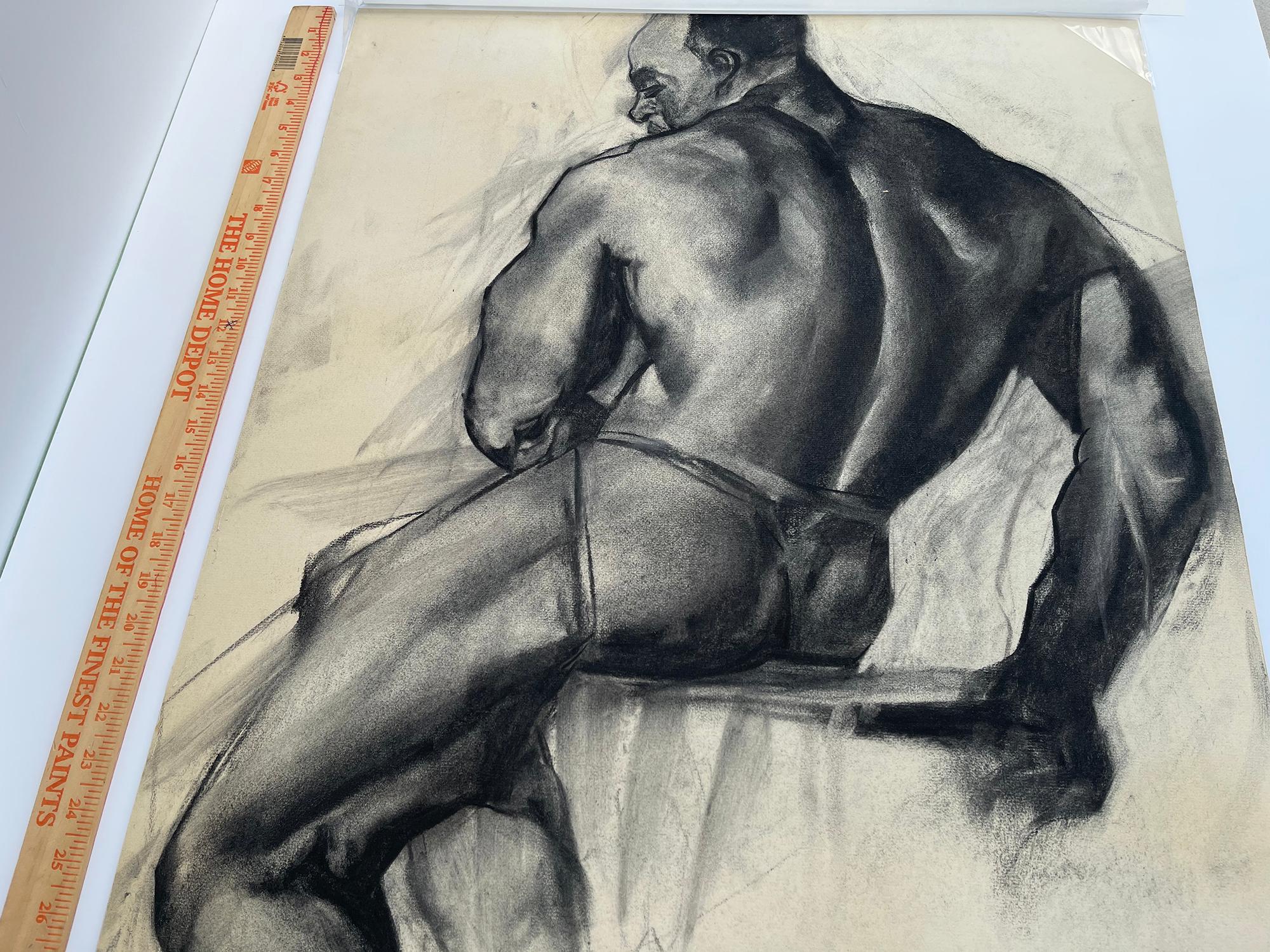 Black Male Nude Sitting,   Academic Charcoal Nude Figure Drawing Life Class  For Sale 3