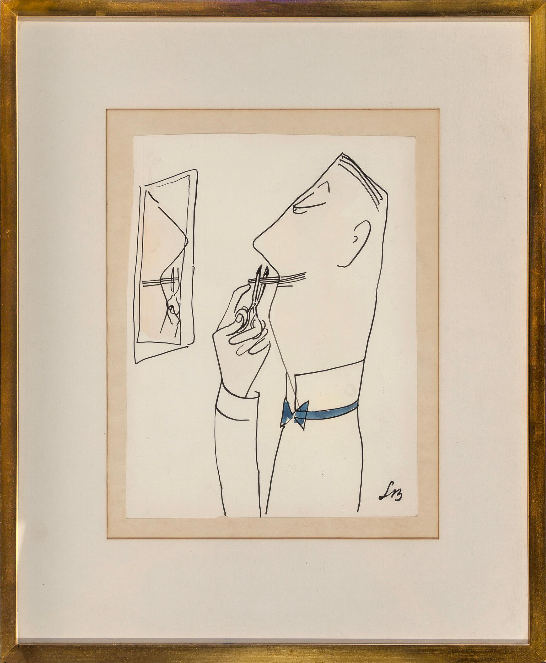 Debonair Man Cuts his Mustache in Front of Mirror - Art by Ludwig Bemelmans