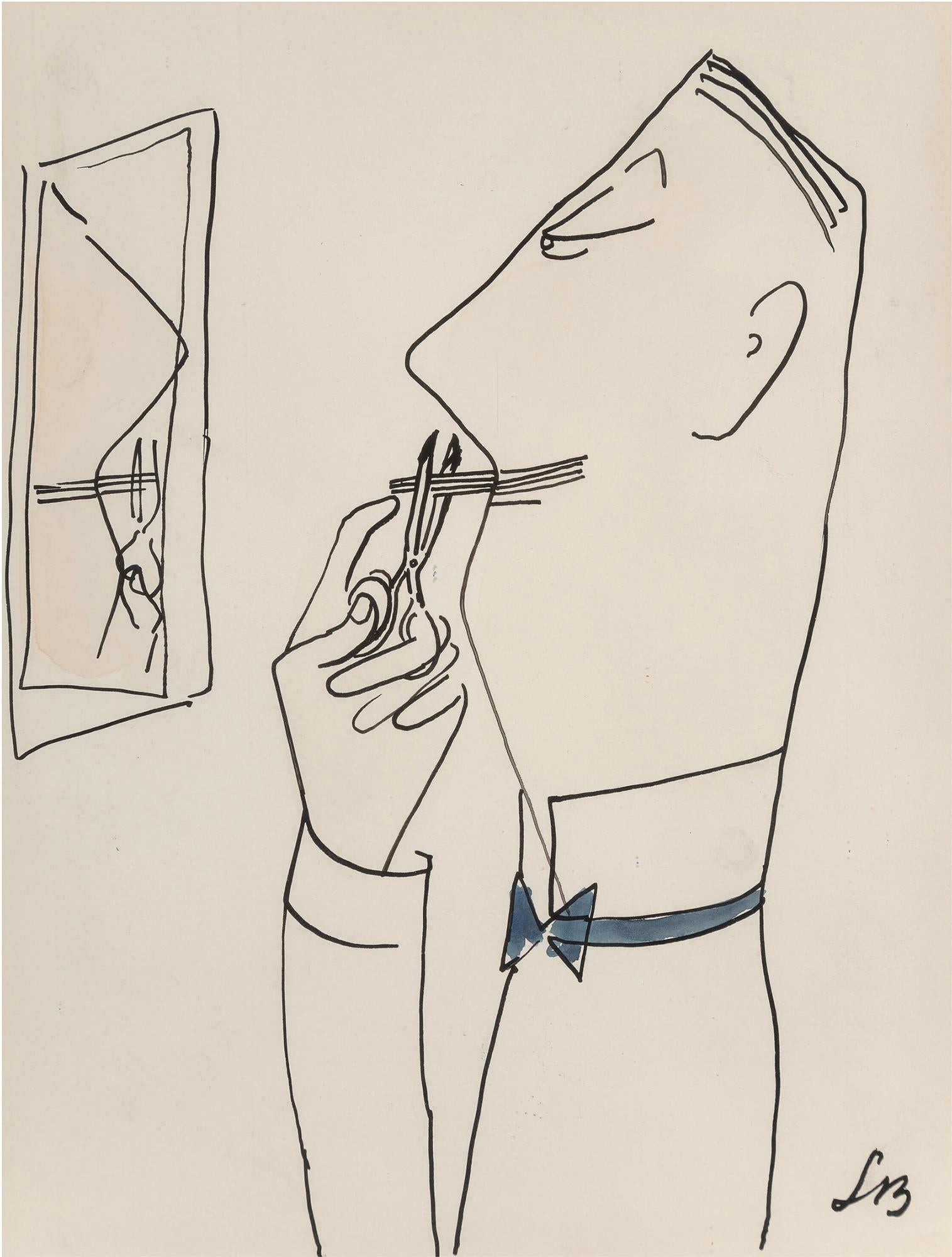 Ludwig Bemelmans Figurative Art - Debonair Man Cuts his Mustache in Front of Mirror