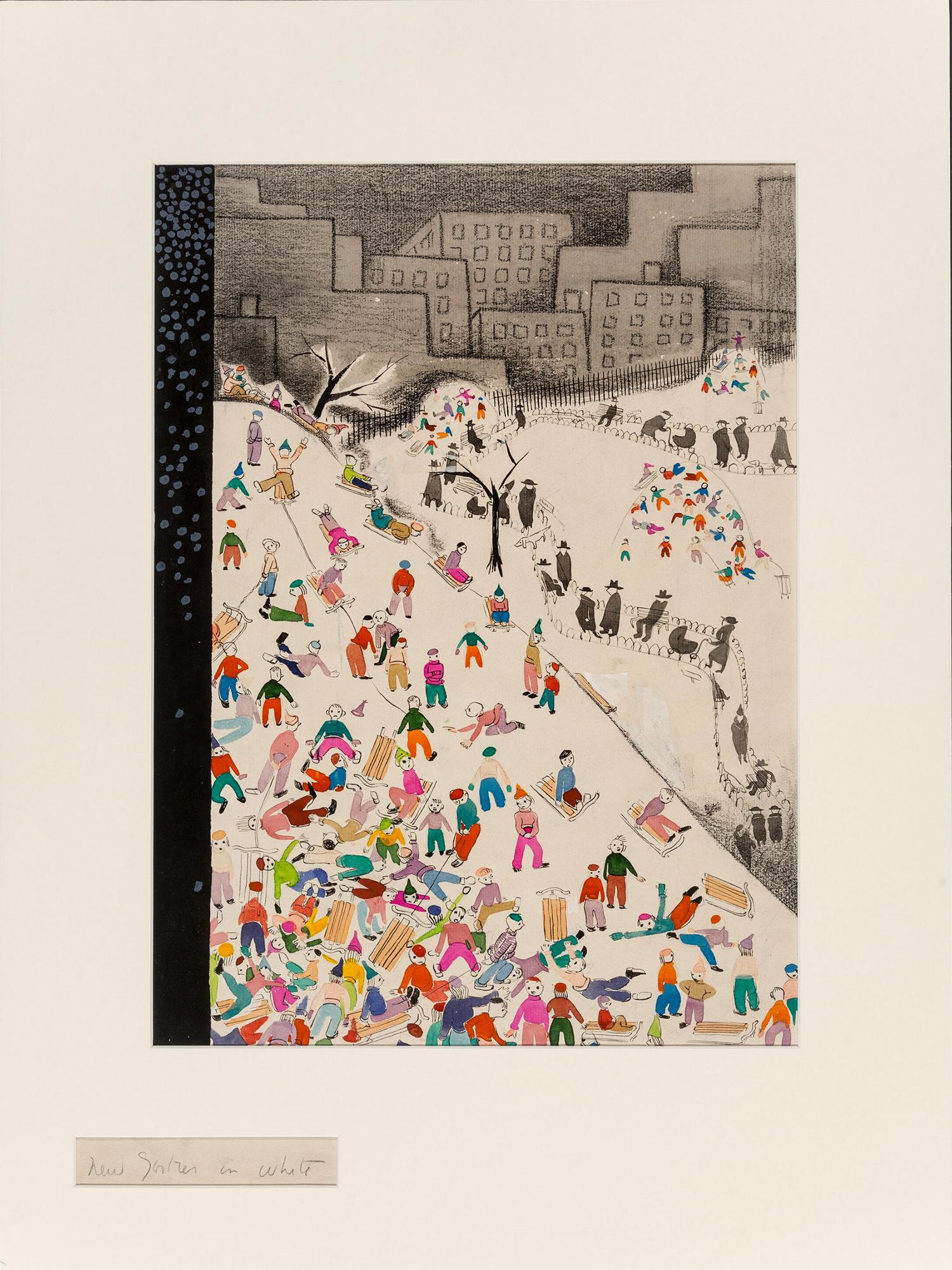 Éclaboussures de neige pour enfants dans le parc central  - Étude de la couverture du New Yorker - Art de Ilonka Karasz