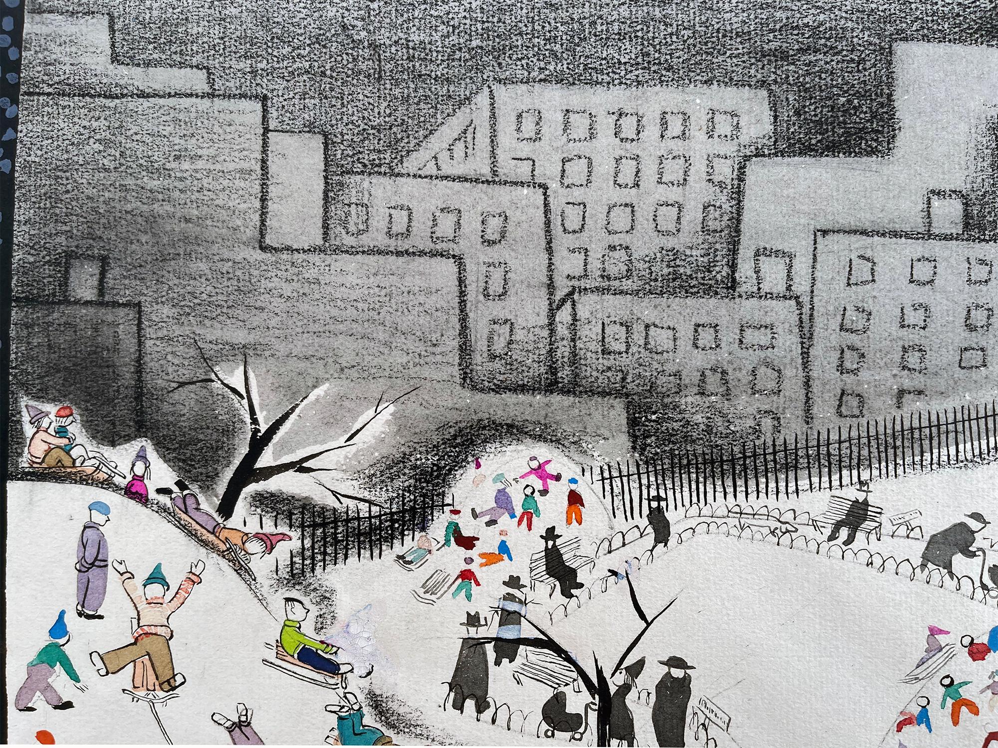 L'artiste/illustrateur hongrois/américain dépeint une charmante scène de luge dans la neige à Central Park. L'œuvre est abstraite dans sa conception comme elle est fonctionnelle dans sa narration - Couverture inédite du New Yorker - Non signé, Mat