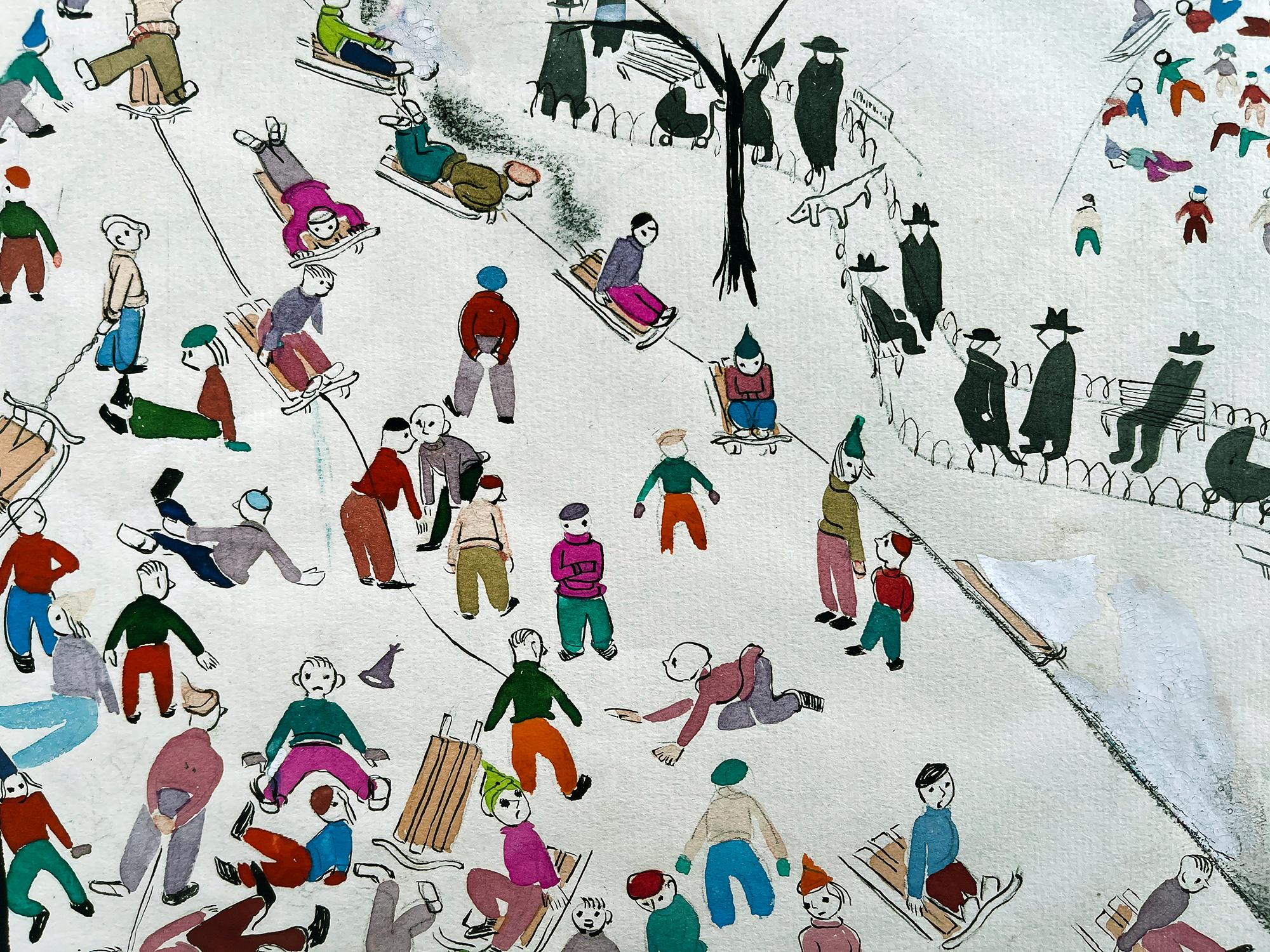 Children Snow Sledding in Central Park  - New Yorker Cover Study - Modern Art by Ilonka Karasz