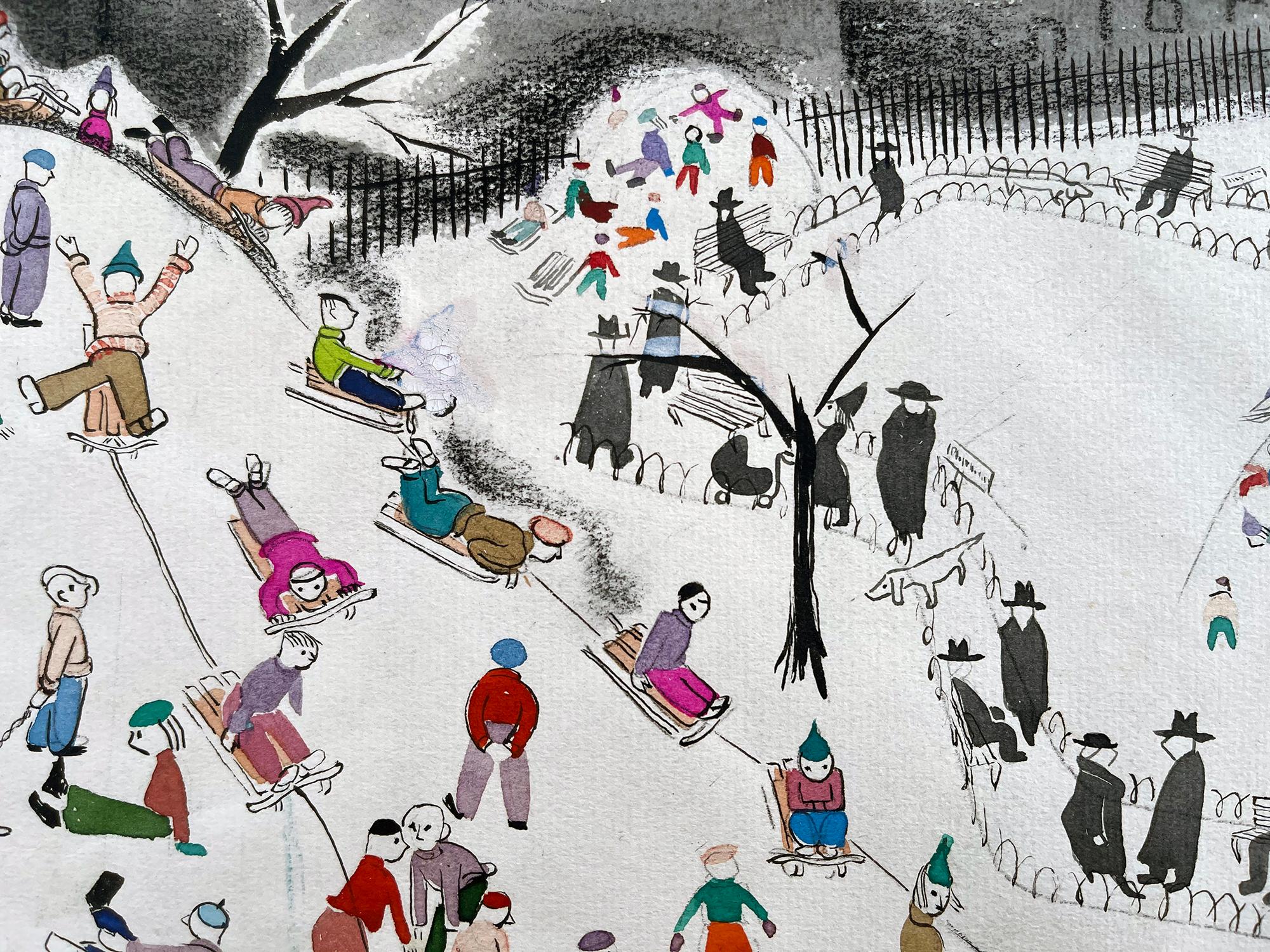 Children Snow Sledding in Central Park  - New Yorker Cover Study - Beige Landscape Art by Ilonka Karasz