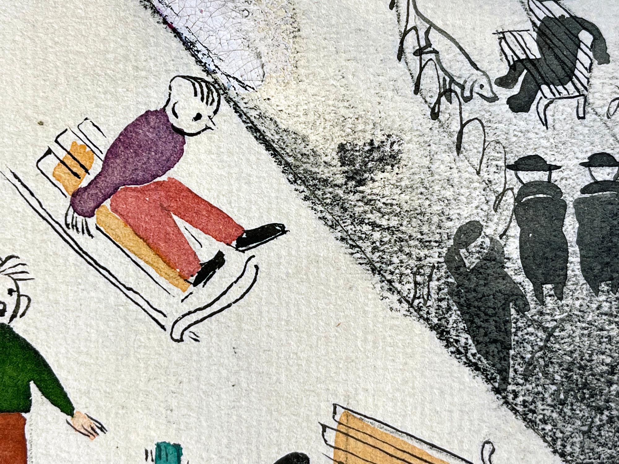 Hungarian/American artist/illustrator depicts a charming scene of sledding in the snow in Central Park. The work is abstract in its design as it's functional in its narrative - Unpublished New Yorker Cover - Unsigned, Matted and not framed.
