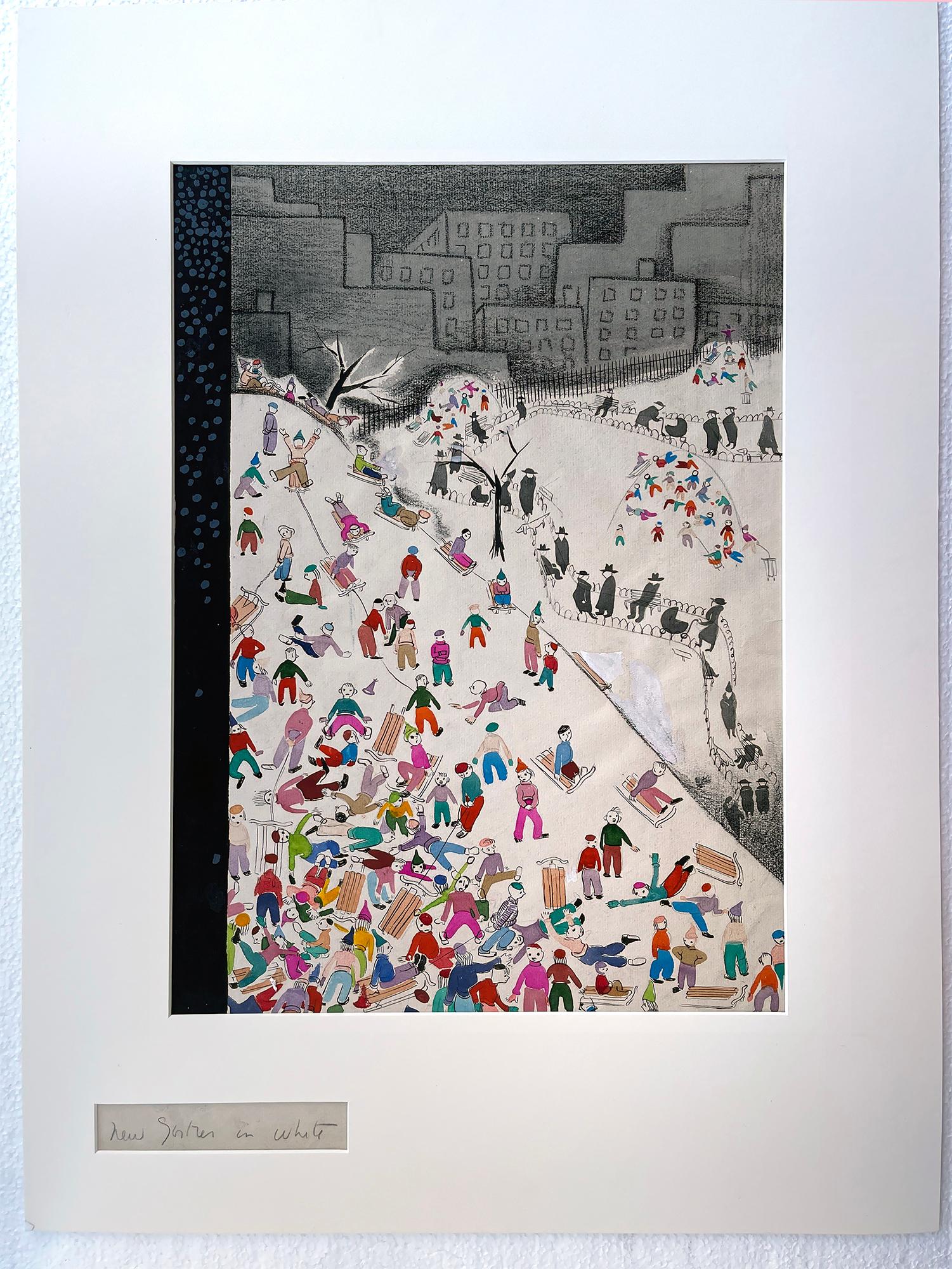 Children Snow Sledding in Central Park  - New Yorker Cover Study For Sale 1