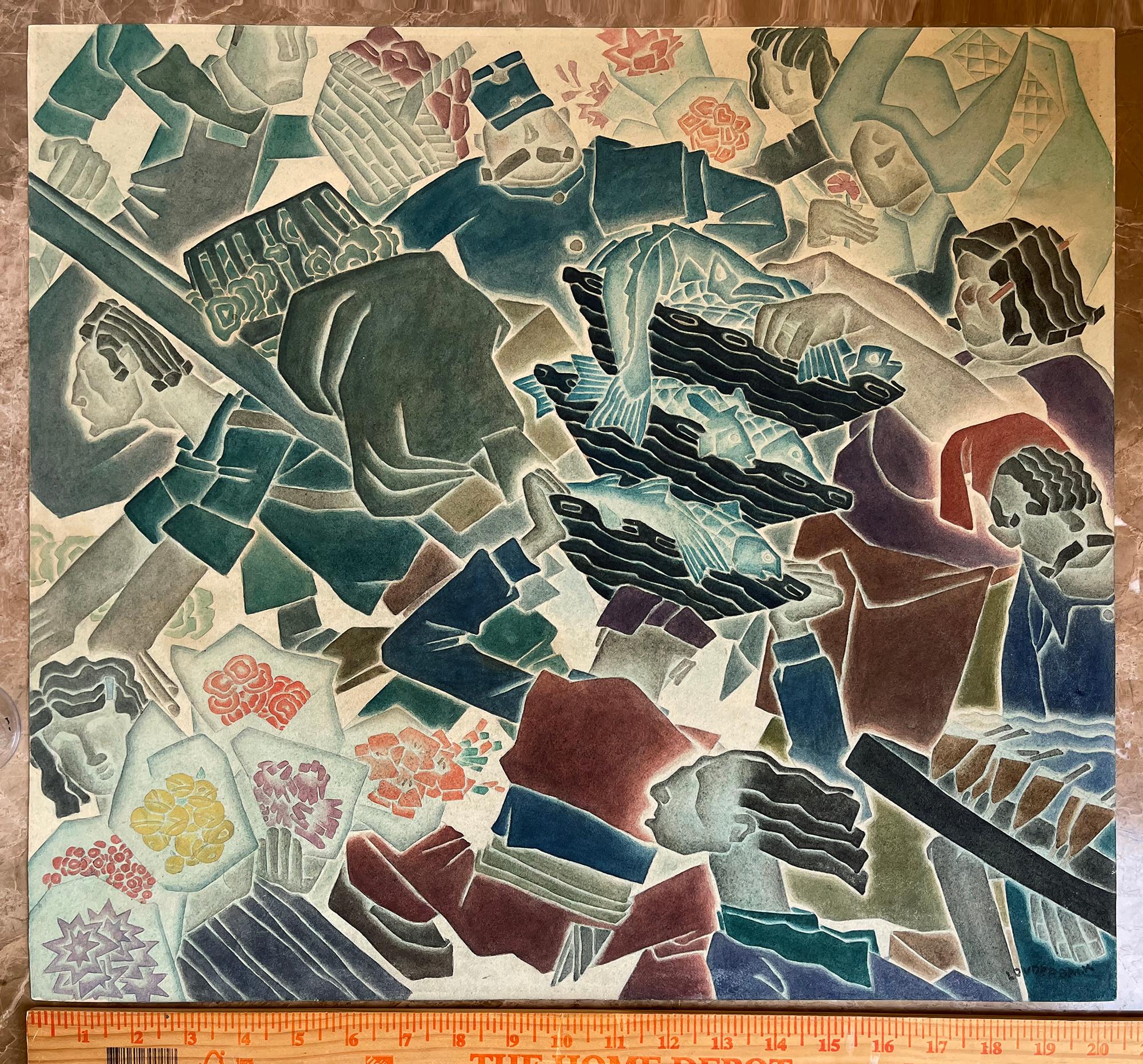 Scène de marché cubiste de Paris avec dix portraits - Art de Walt Louderback