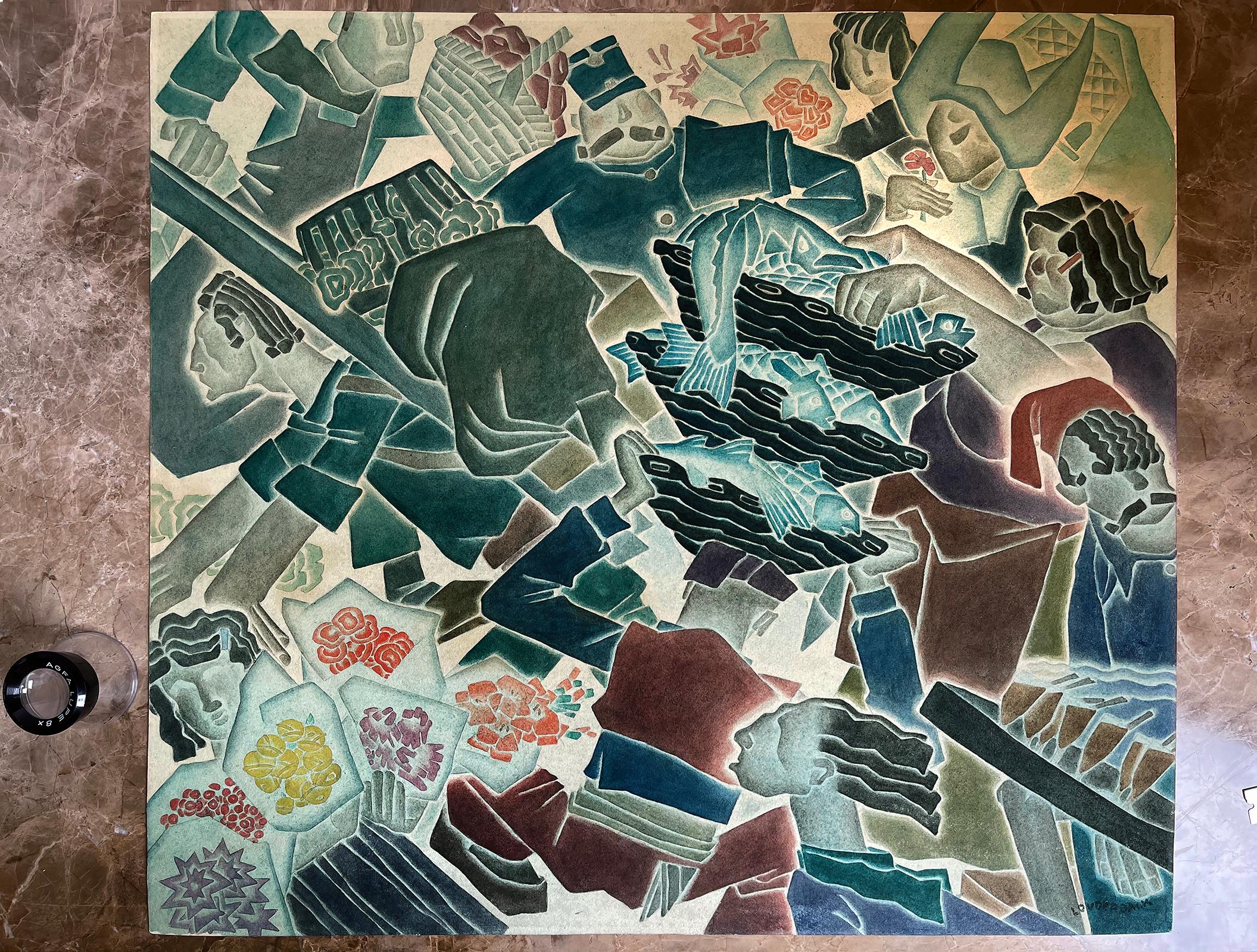 Scène de marché cubiste de Paris avec dix portraits - Cubisme Art par Walt Louderback