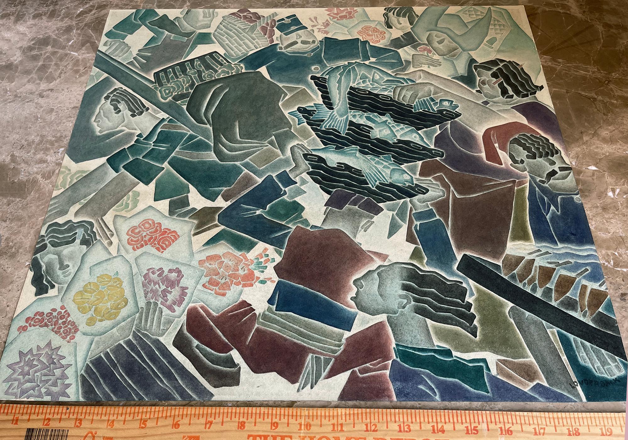 Scène de marché cubiste de Paris avec dix portraits - Gris Abstract Drawing par Walt Louderback