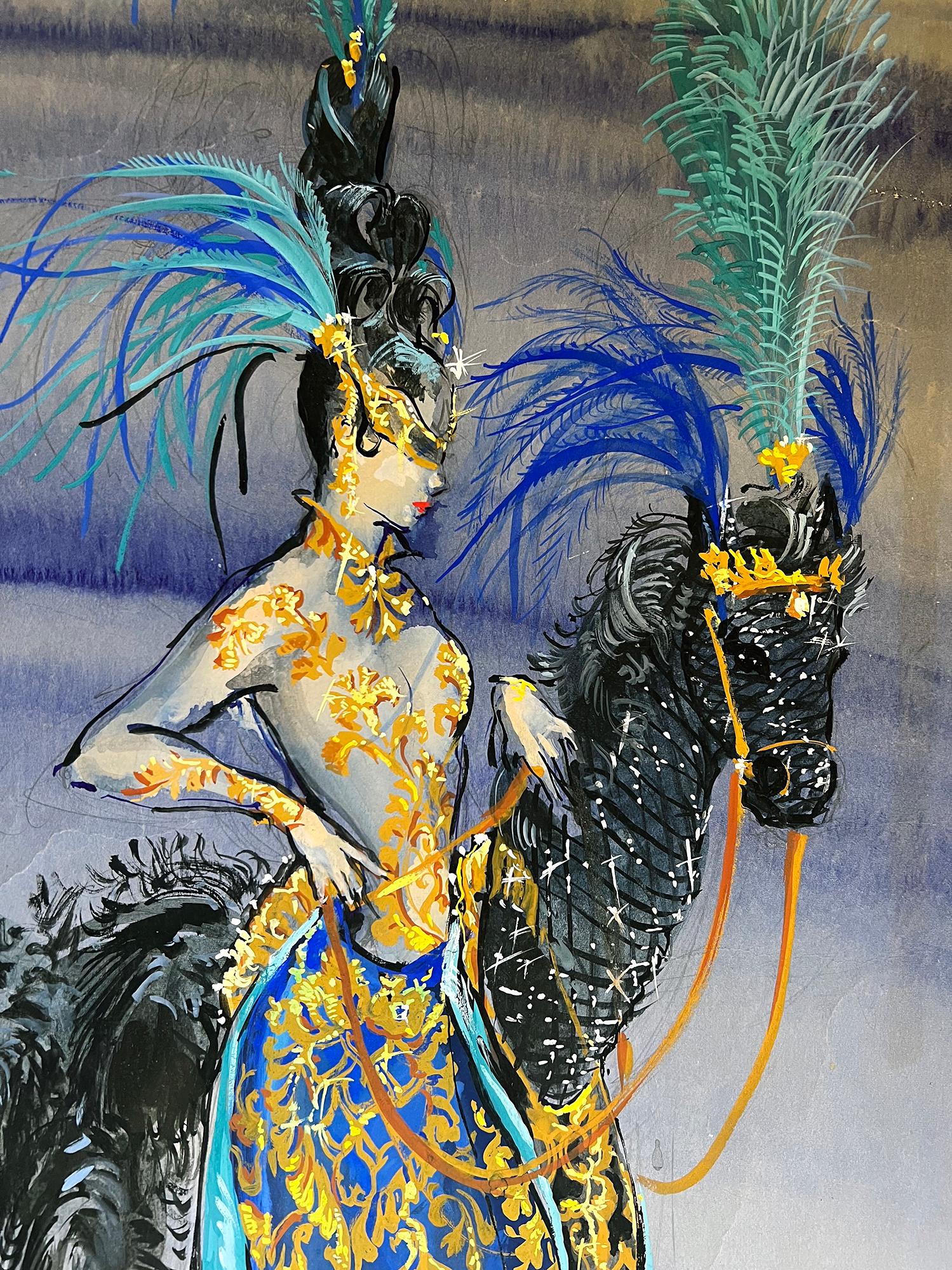 Show Girl mit Fantasiepferd, Modeillustration in Blau und Schwarz – Art von Freddy Wittop 