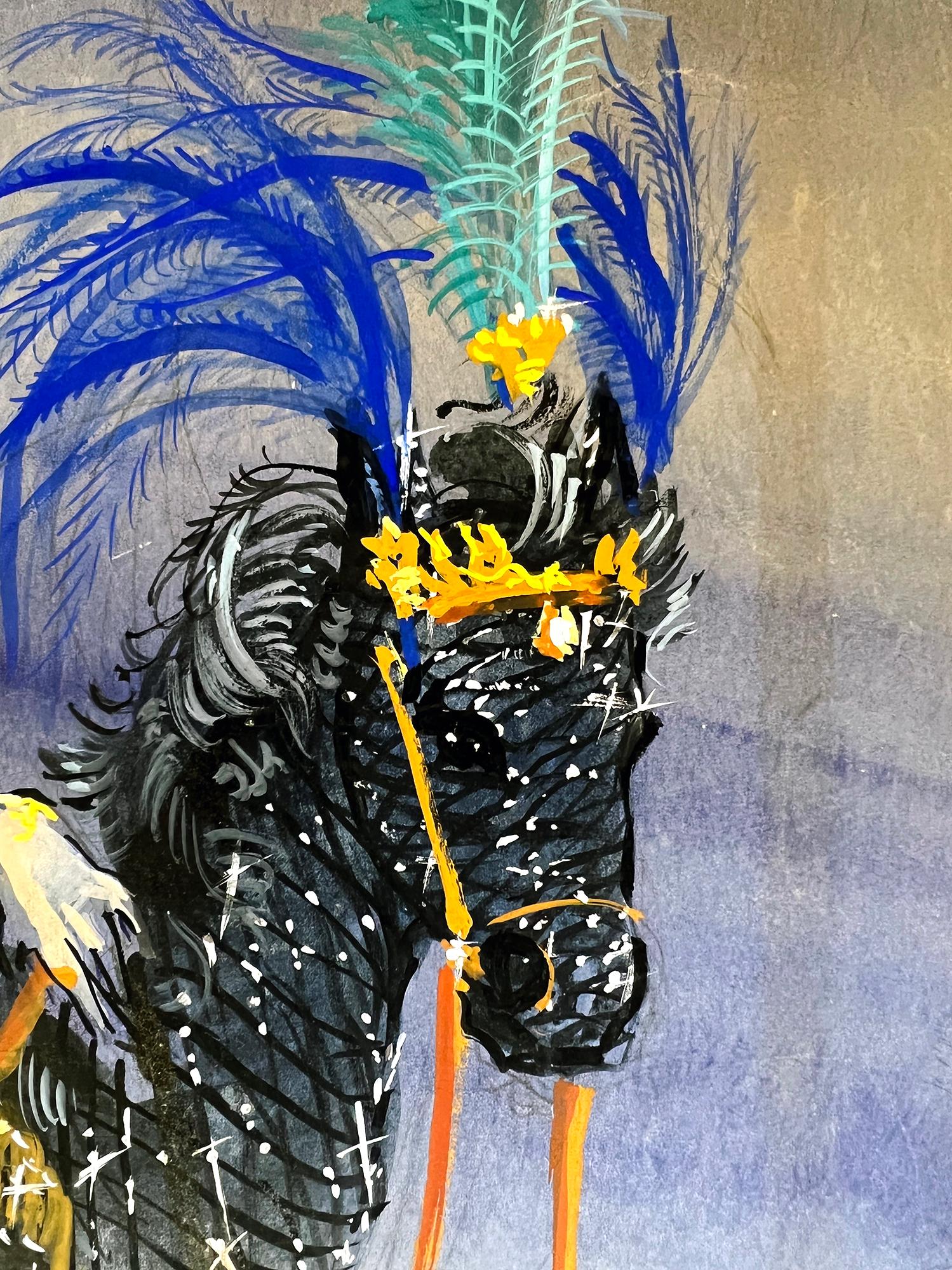 Show Girl mit Fantasiepferd, Modeillustration in Blau und Schwarz (Post-Impressionismus), Art, von Freddy Wittop 
