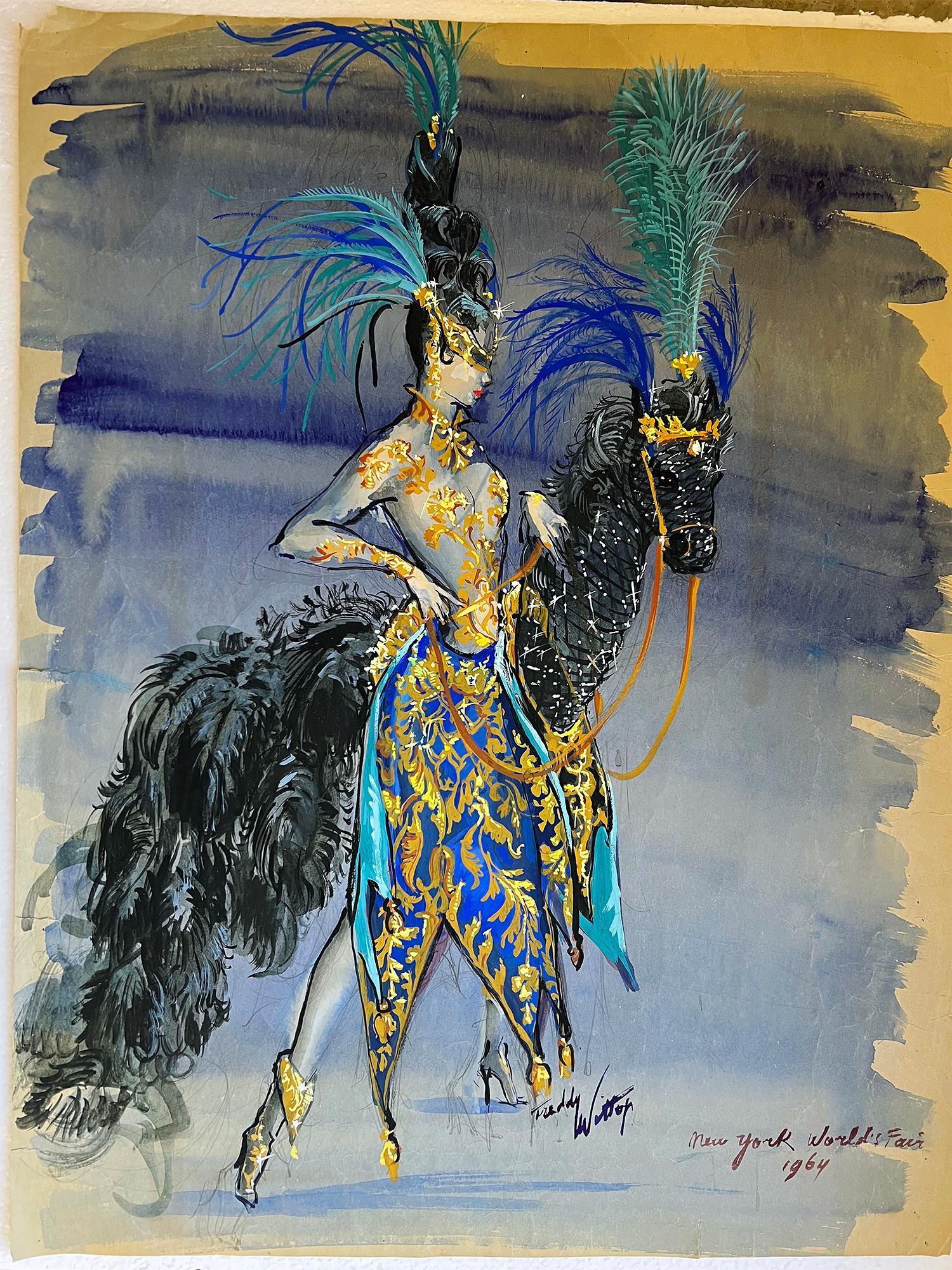 Show Girl with Fantasy Horse, Fashion Illustration in Blue and Black - Post-Impressionist Art by Freddy Wittop 