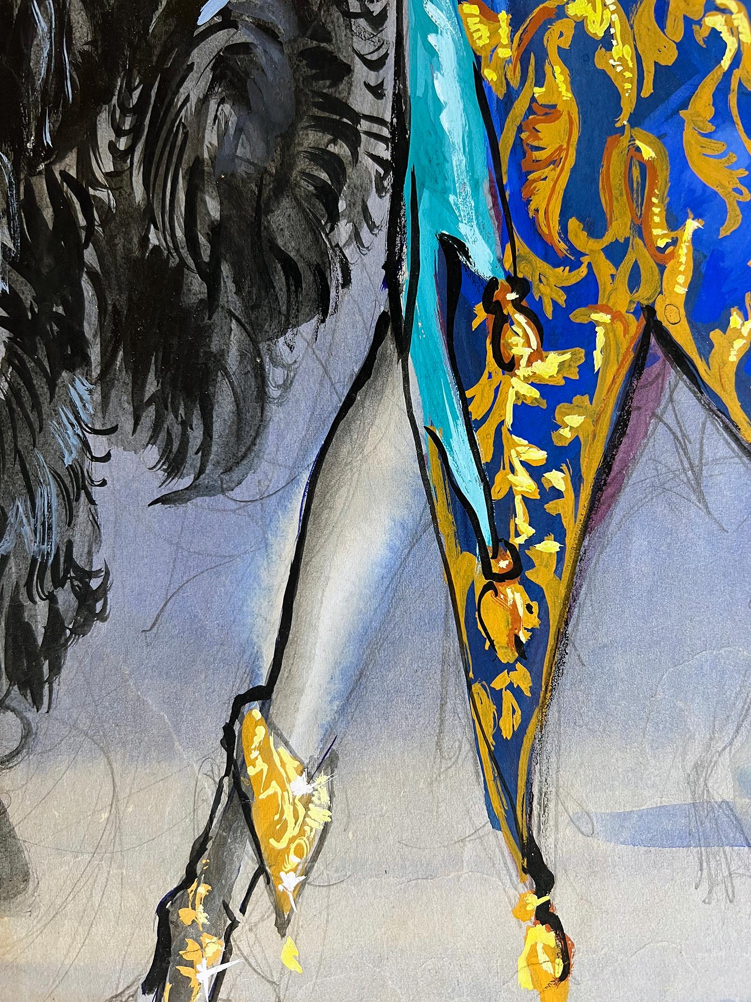 Show Girl with Fantasy Horse, Fashion Illustration in Blue and Black - Gray Figurative Art by Freddy Wittop 