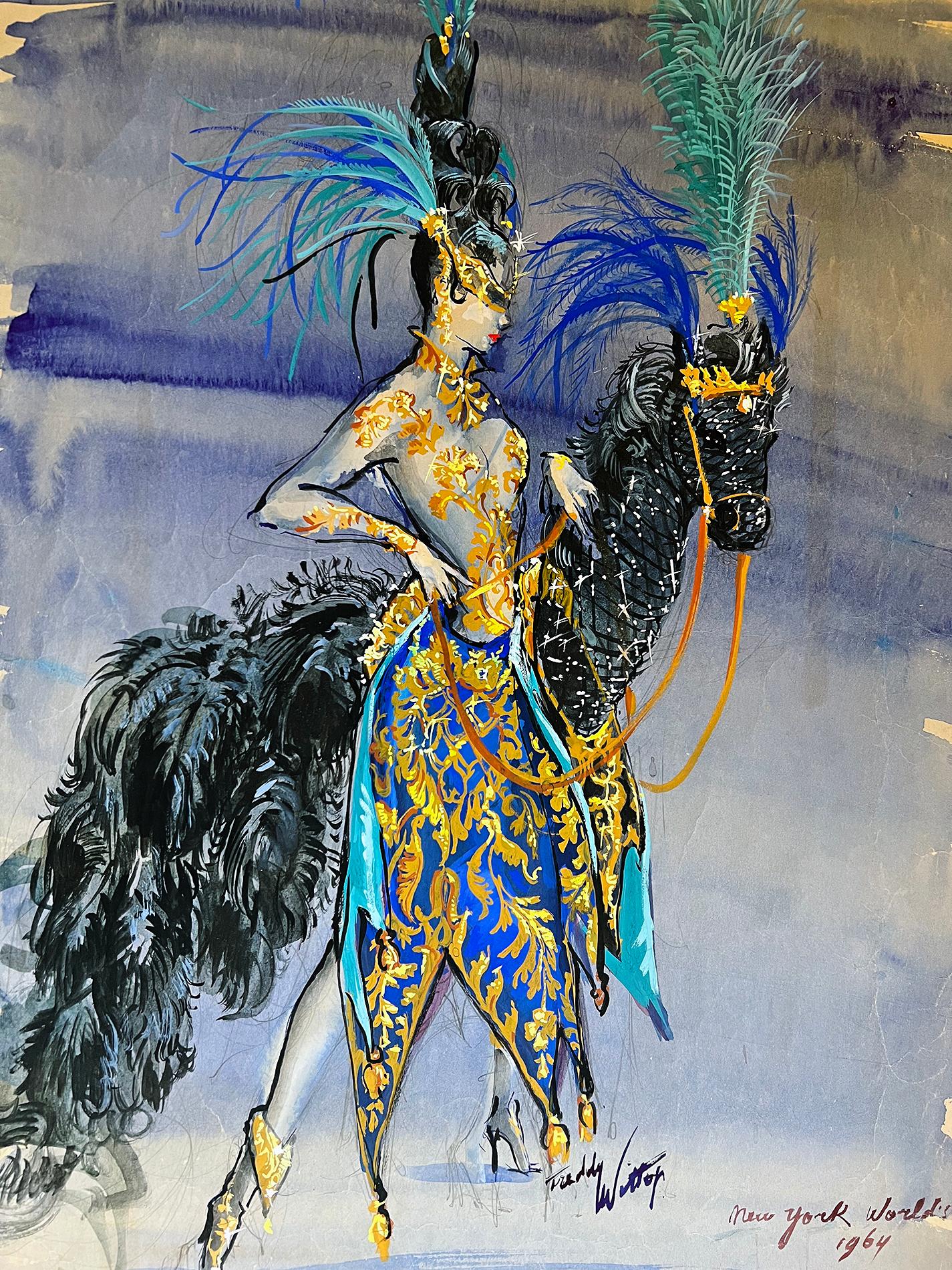 Ragazza da spettacolo con cavallo di fantasia, illustrazione di moda in blu e nero