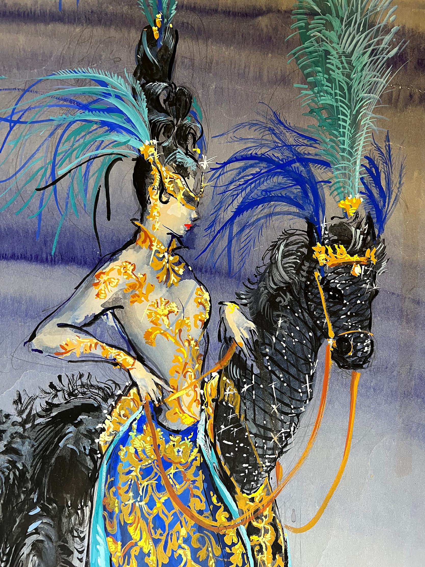 Show Girl mit Fantasiepferd, Modeillustration in Blau und Schwarz im Angebot 2