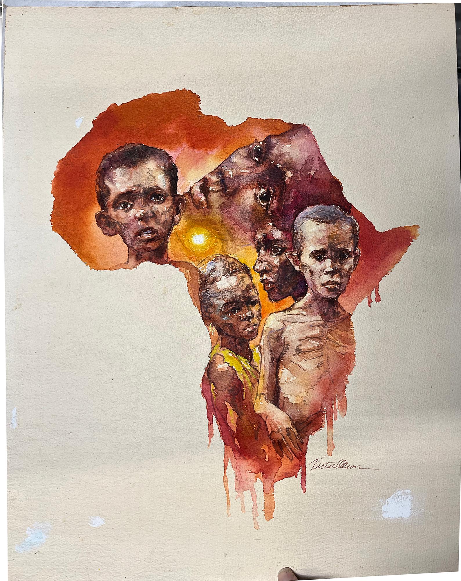 African Children Suffer Famine and Despair in Hot Colors - Africa is Bleeding   - Realist Art by Victor Olson