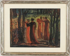 Figures féminines drapées mystiques dans la forêt rassemblant des fleurs, Allégorie