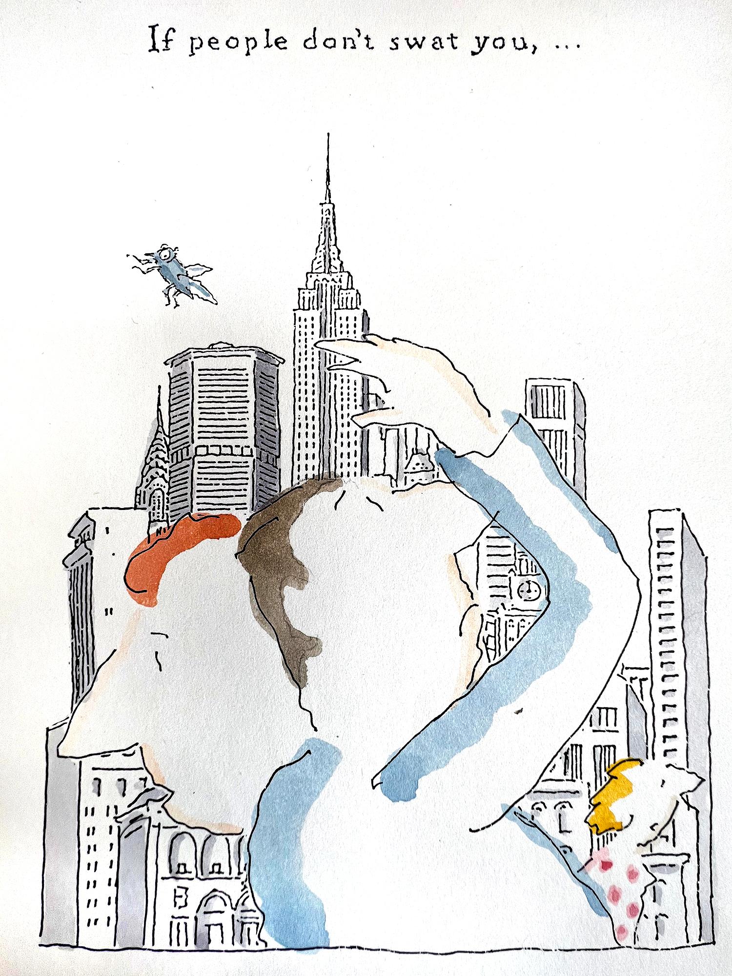 Flug über New York City  Illustration -  Optimismus – Empire-Stadtgebäude (Zeitgenössisch), Art, von R.O. BLECHMAN