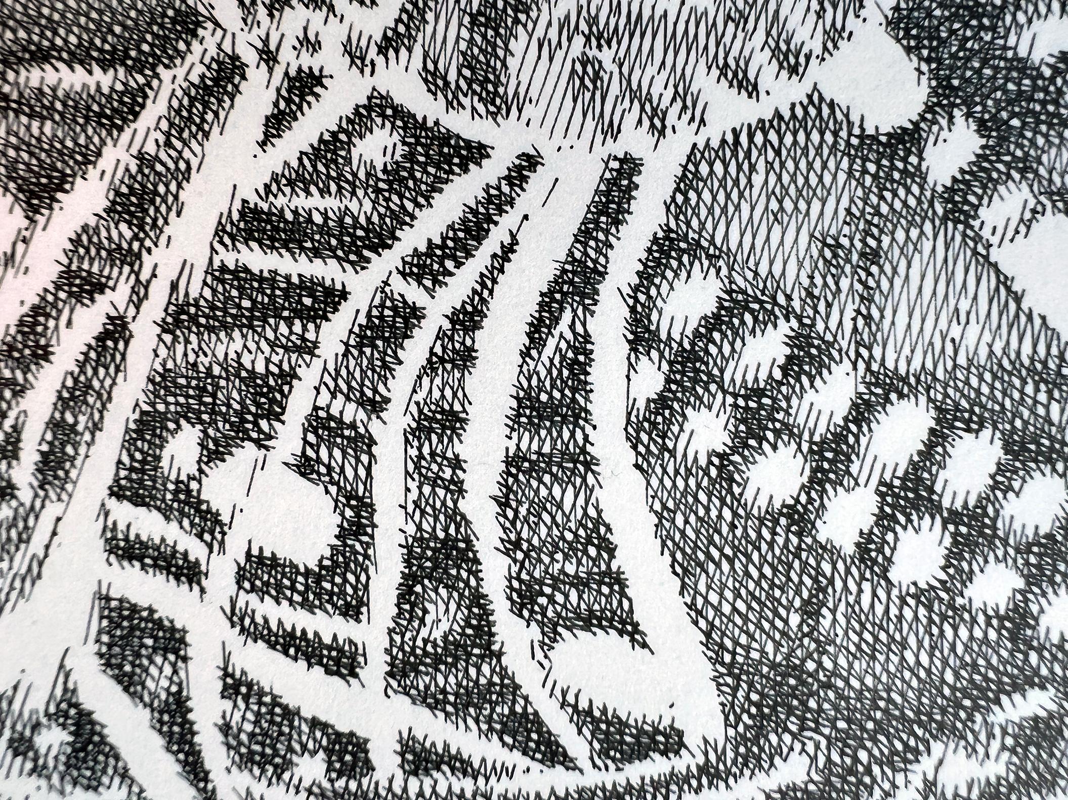 Atemberaubende Verwendung von Kreuzschraffuren. In Großaufnahme ist dies eine abstrakte Zeichnung.  Tinte auf Strathmore Bristolkarton  - Perfekter Condit und sieht in Person noch besser aus. Elegant mattiert, aber nicht gerahmt  Das hochgeladene