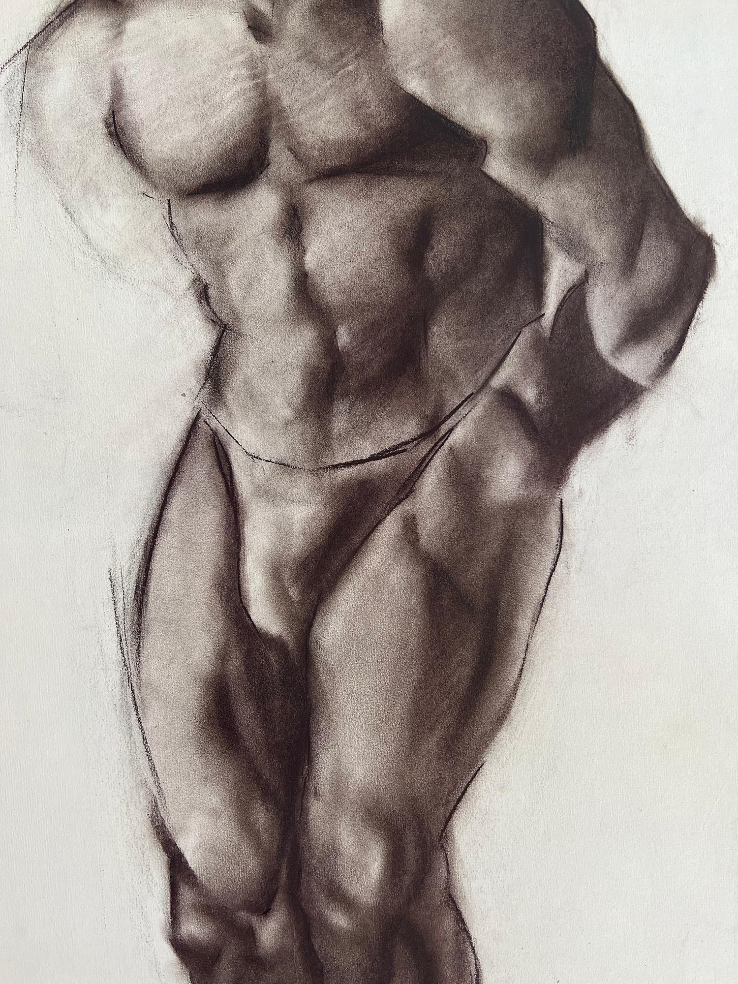 Charcoal on cream laid paper mounted on board. 940x590 mm; 37x23 1/4 inches. Signed in charcoal, lower right recto. 
Unframed, The Paper has a slight ripple in the chest area. Four small incisions in the head area. Smudging. 2-inch horizontal band