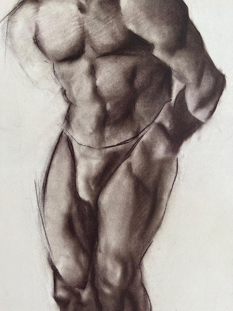 Muscular Black Male Nude Academic Life Drawing in Charcoal - Gray Figurative Art by John R. Grabach