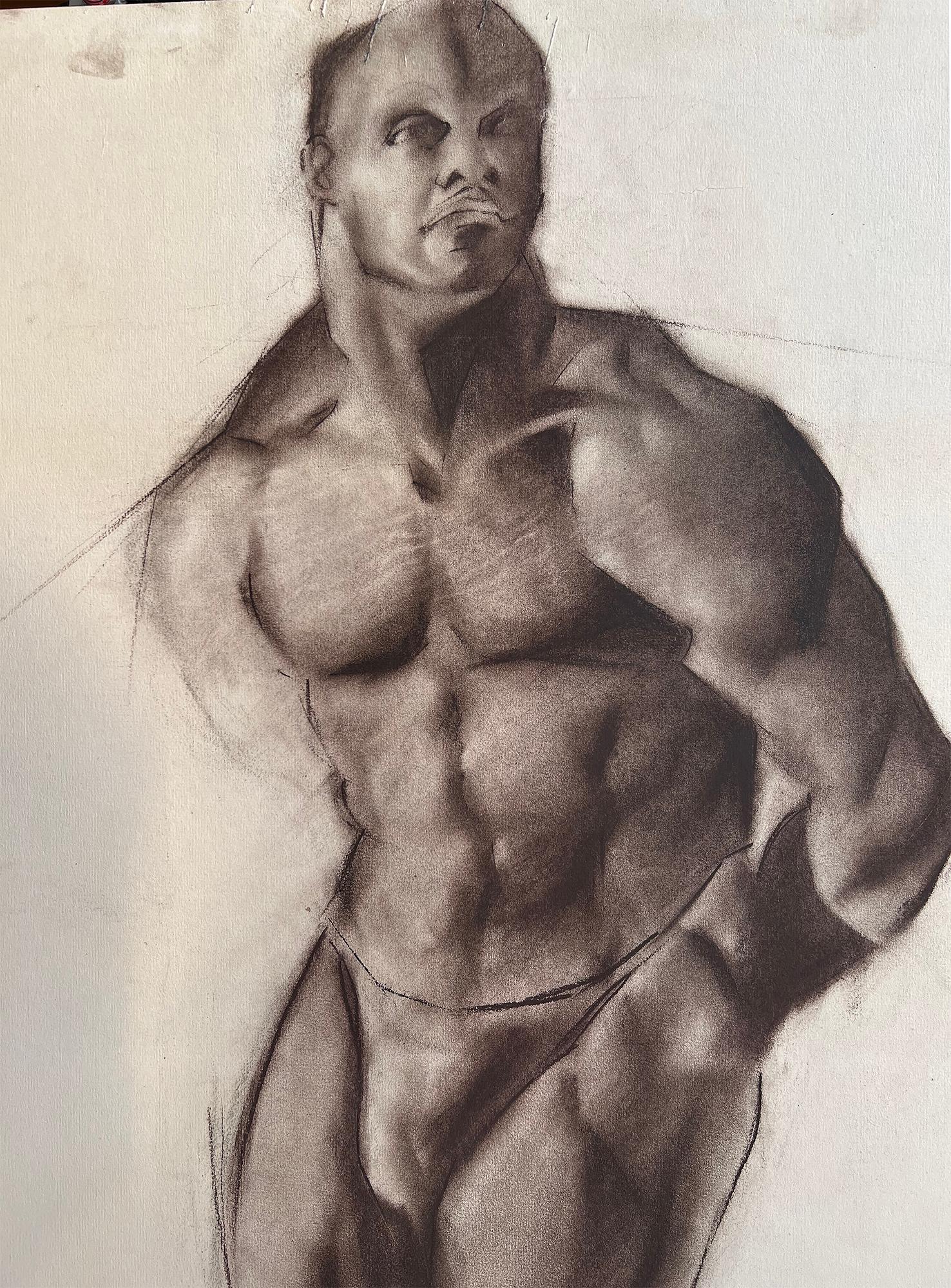 Muscular Black Male Nude Academic Life Drawing in Charcoal For Sale 2