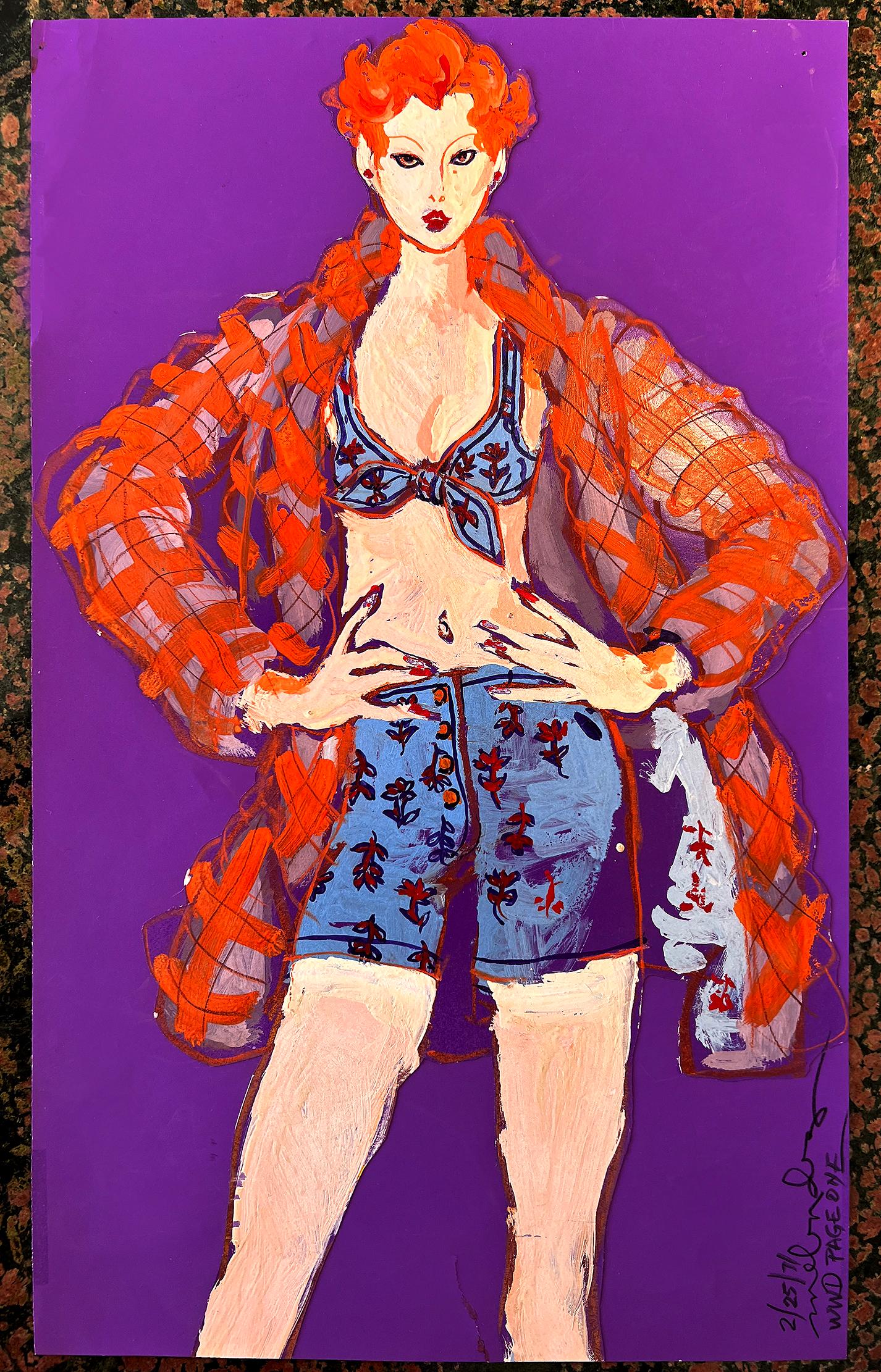 Redheaded Model Purple Fashion Illustration for Women's Wear Daily - Painting by Robert Melendez