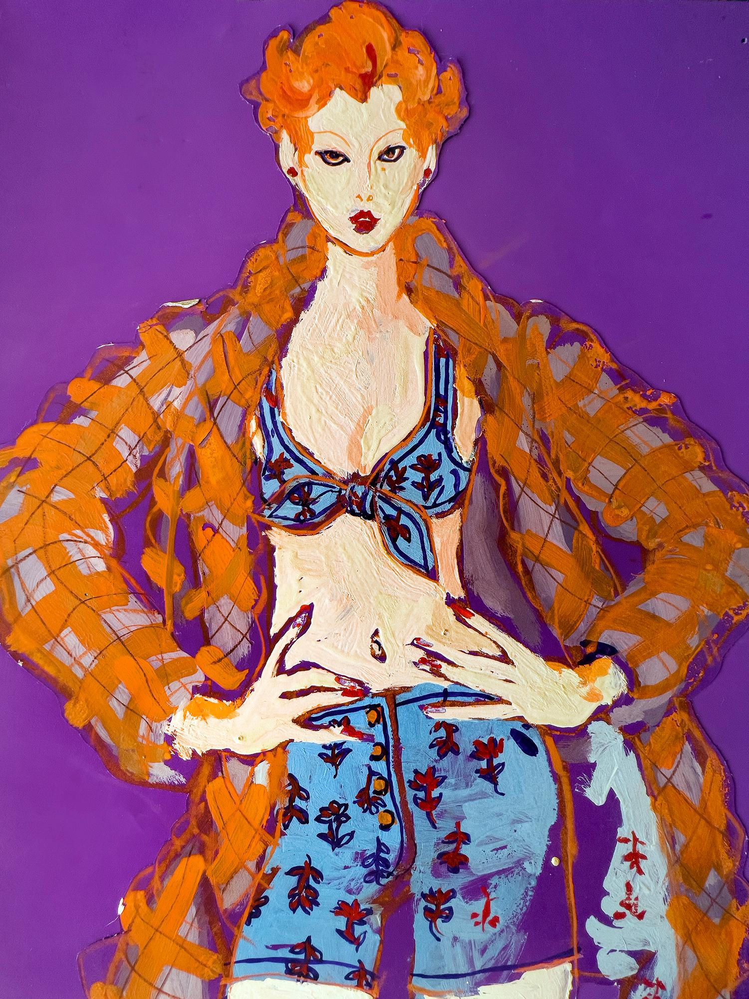 Modèle roux Illustration de mode en violet pour Women's Wear Daily - Post-impressionnisme Painting par Robert Melendez