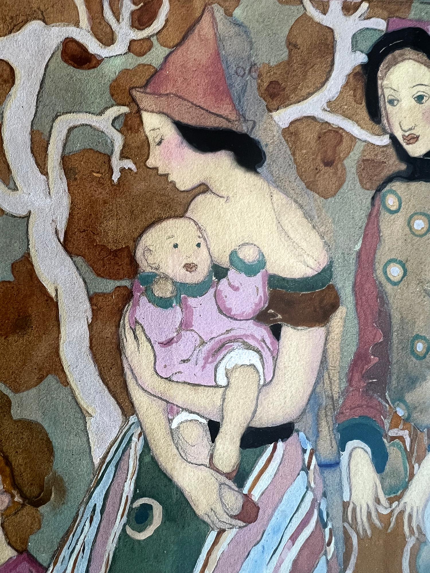 Jugendstil Illustration Frauen und Kinder in den Wäldern  (Art nouveau), Painting, von MILDRED BAILEY CARPENTER