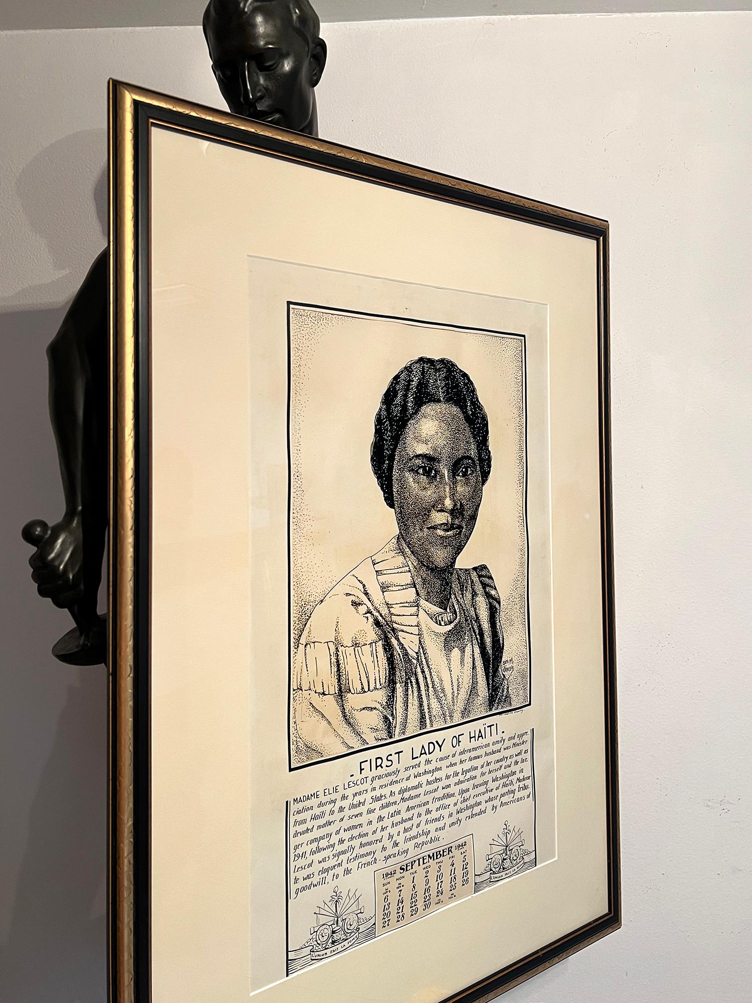 Illustrazione del calendario del 1942 con la First Lady di Haiti (Madame Elie Lescot]) resa con un preciso effetto a puntini e che celebra le donne afroamericane, intitolata 
