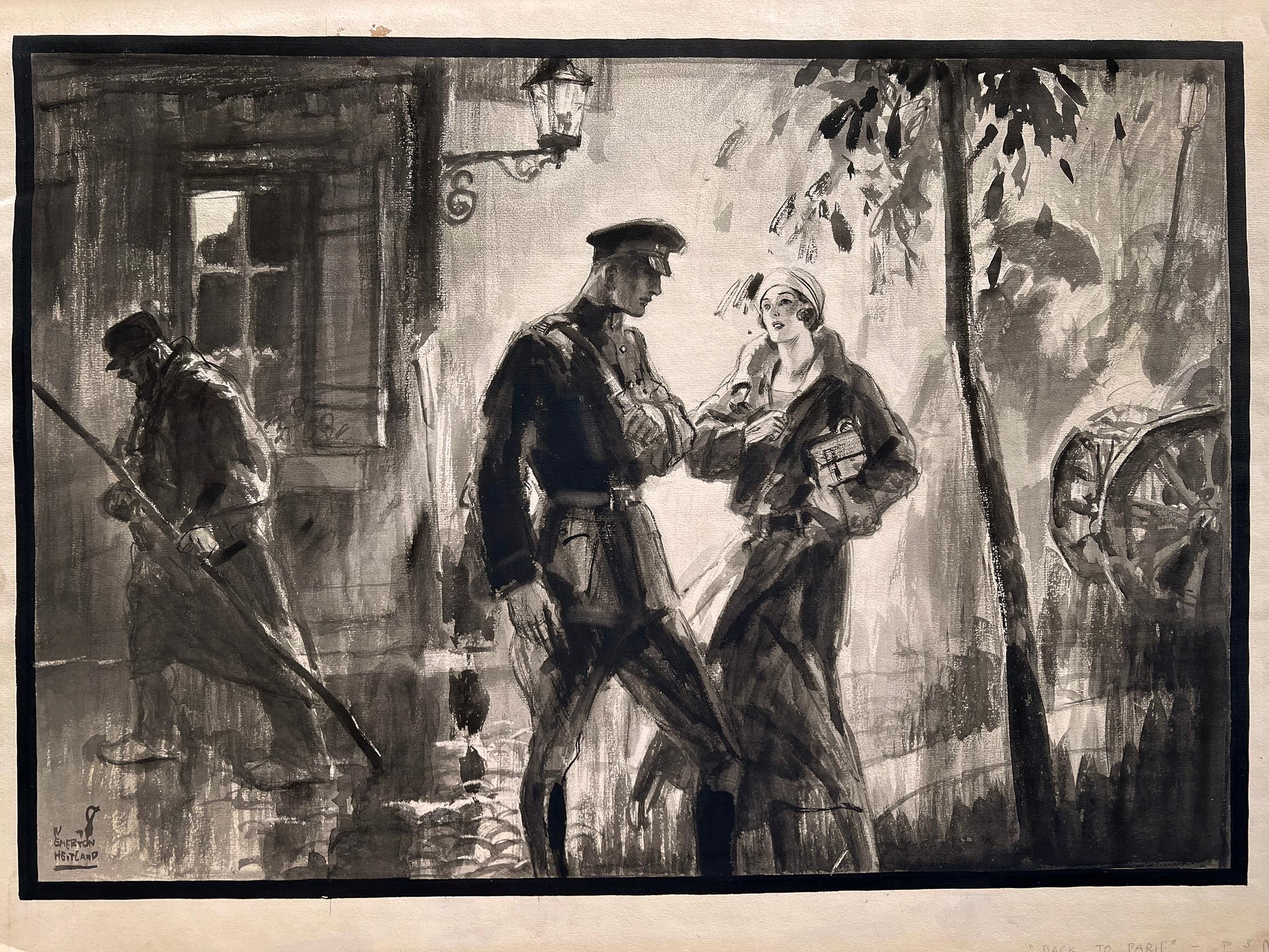 Romantic Couple In Wartime Paris  on Rainy Parisian Night - Art by Wilmot Emerton Heitland
