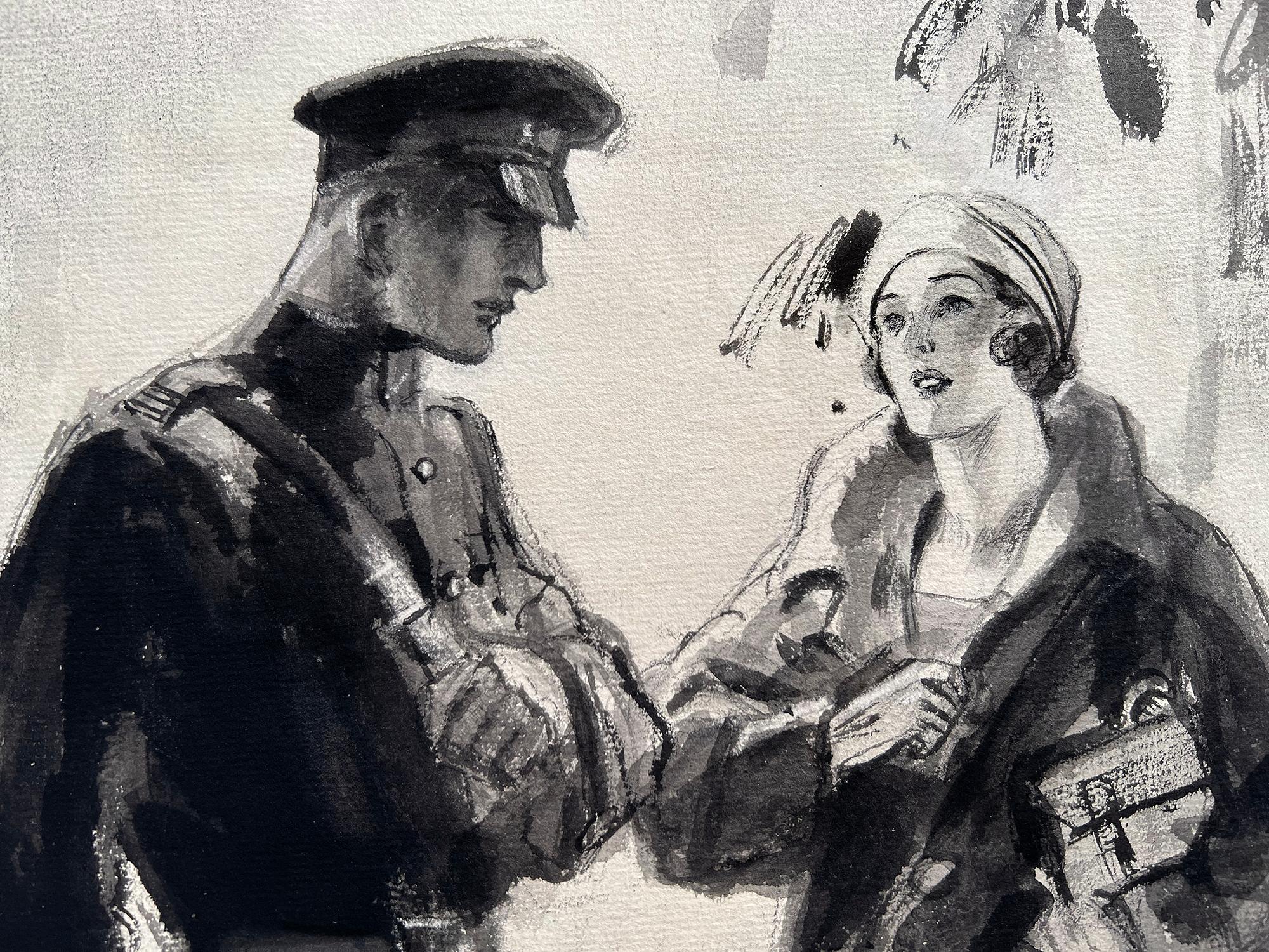 Technik und Thema passen gut zusammen in dieser lockeren, aber meisterhaft gestalteten romantischen Illustration aus dem Ersten Weltkrieg, die einen Soldaten und eine Pariserin zeigt.  Obwohl dieses Werk etwa 100 Jahre alt ist, hat es eine frische
