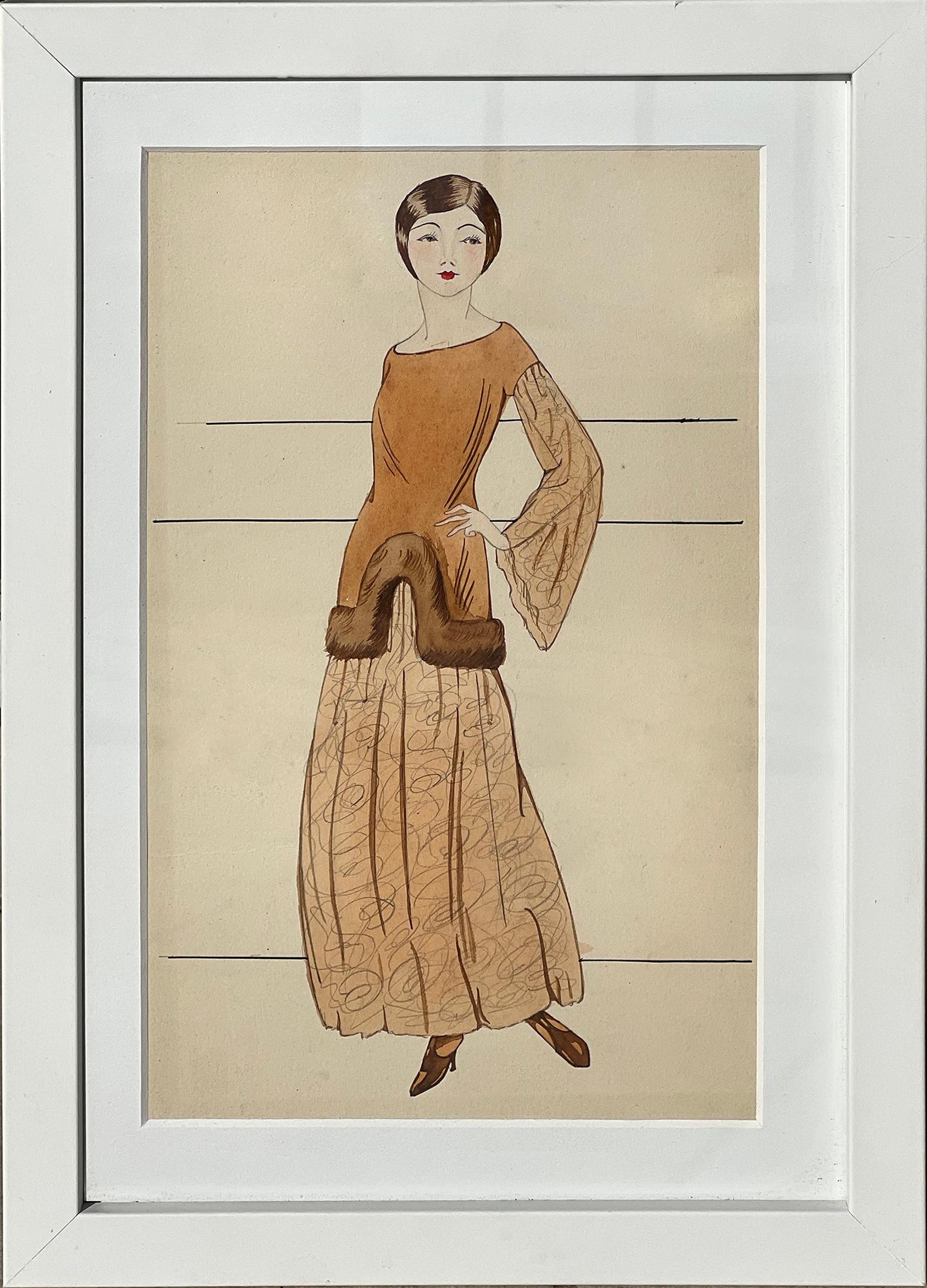 Original Vintage 1920's Tinte und Aquarell Mode-Illustration von aufgeführten New England Künstler Harriette (Nutting) Cooper (1901 - 2002). 
Die Illustration zeigt eine hübsche junge Flapper-Frau mit einer geraden Bob-Frisur im Stil der 1920er