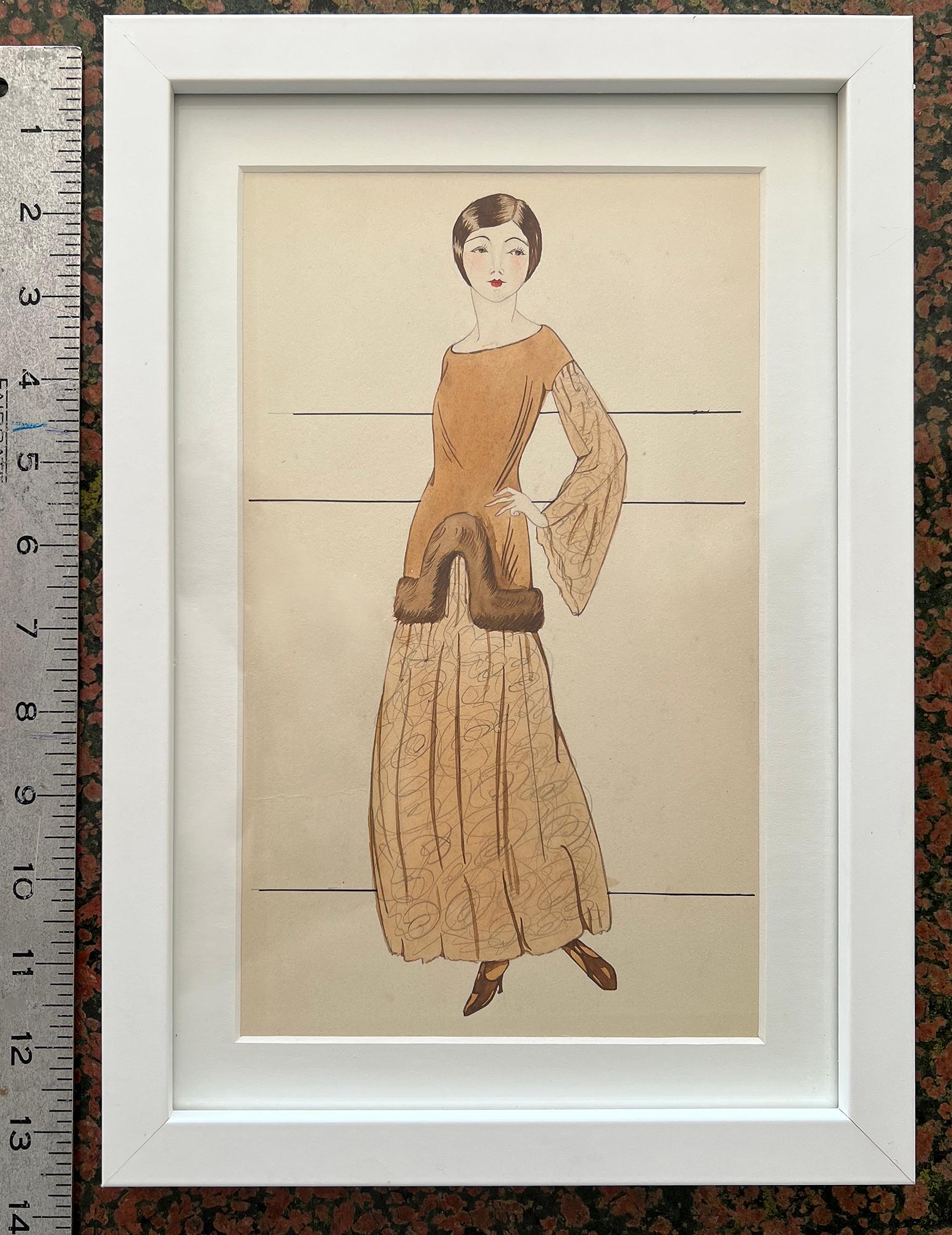 Original Vintage 1920's Ink and Watercolor Fashion Illustration by listed New England artist Harriette (Nutting) Cooper (1901 - 2002). 
The illustration depicts a lovely young flapper woman with a 1920s-accurate era straight bob hairstyle, high