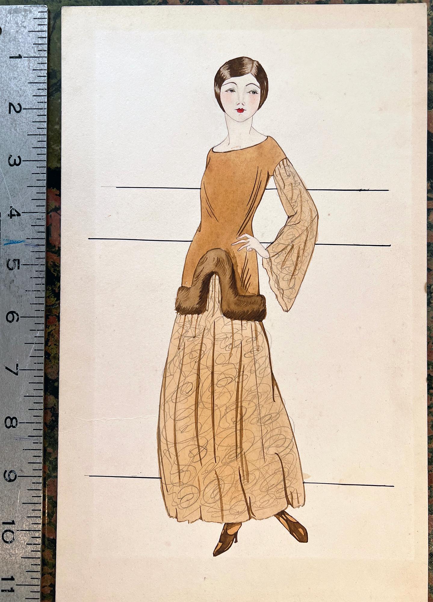 Original Vintage 1920's Ink and Watercolor Fashion Illustration by listed New England artist Harriette (Nutting) Cooper (1901 - 2002). 
The illustration depicts a lovely young flapper woman with a 1920s-accurate era straight bob hairstyle, high