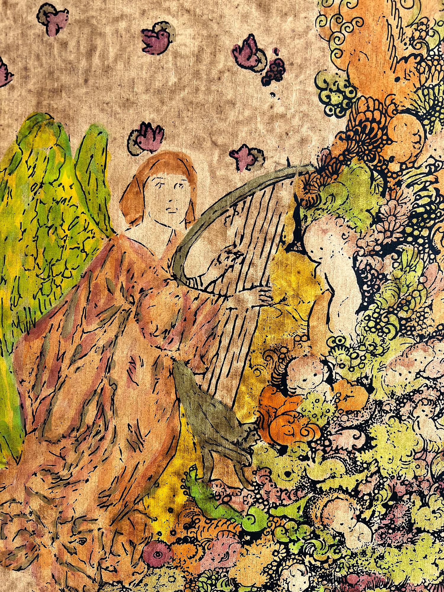 Angle spielt Harfe mit Tauben, gekreist von Tauben, Putten – weibliche Illustratorin – Art von Katie Blackmore 