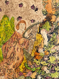 Angle Playing Harp with Circled by Doves, Cherubs - Female Illustrator
