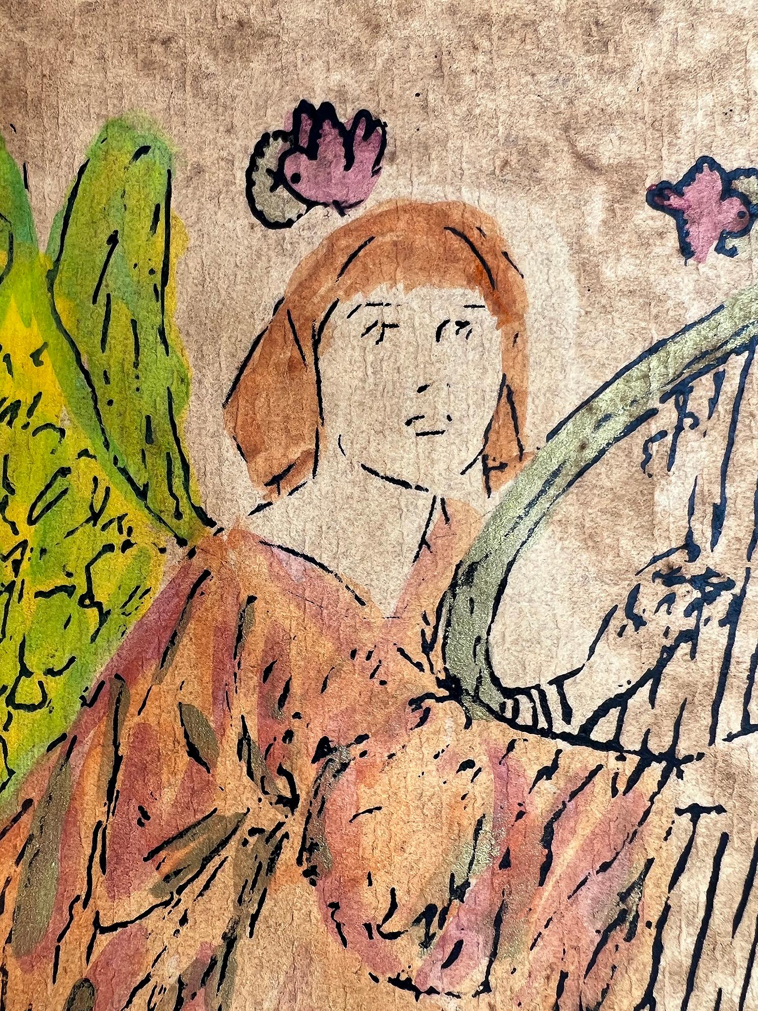 Angle spielt Harfe mit Tauben, gekreist von Tauben, Putten – weibliche Illustratorin im Angebot 1