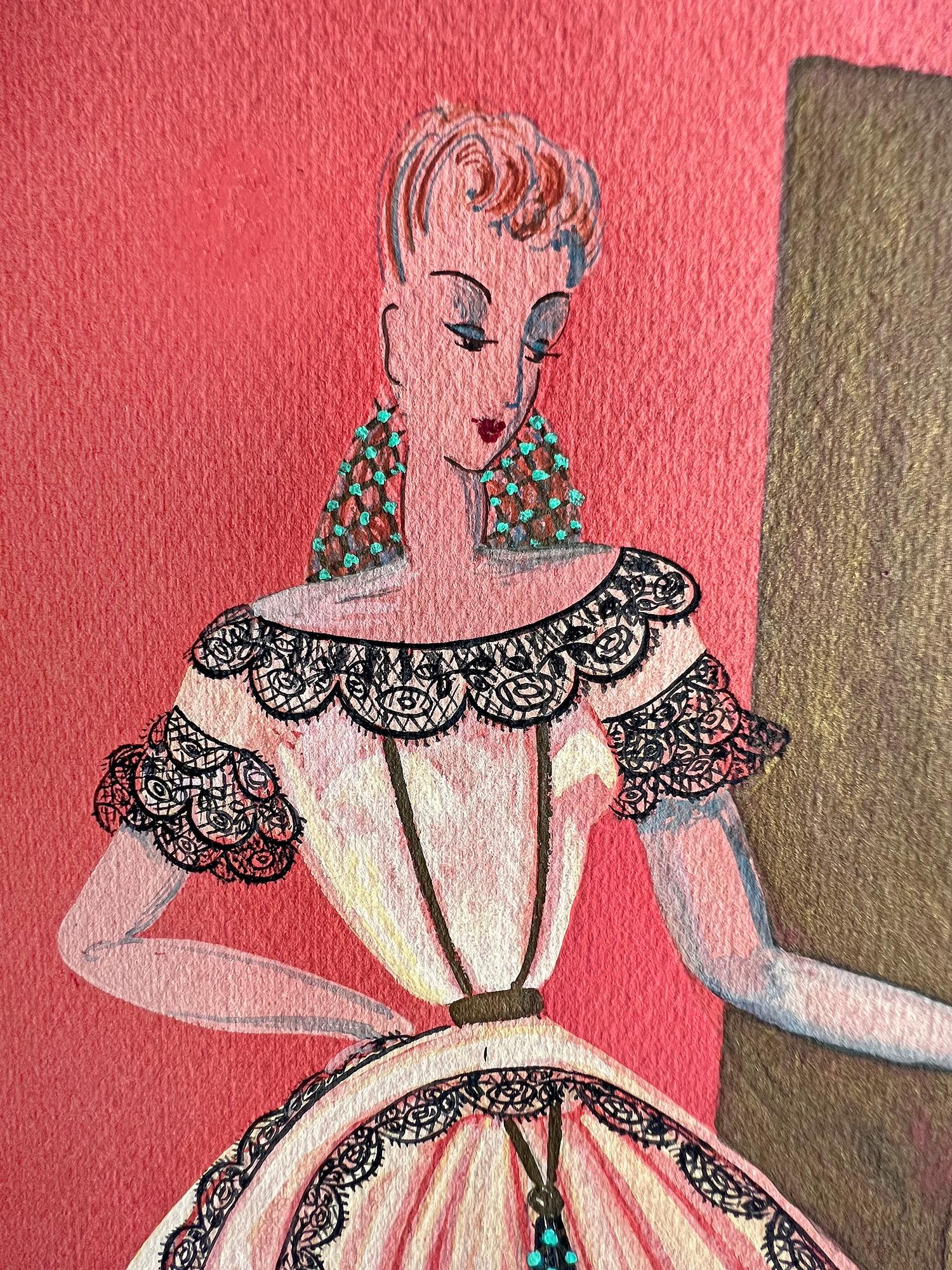 French female illustrator Geneviève Thomas renders a highly stylized fashion illustration set against a seamless red background,  The model is wearing  Bridgerton Style Ball Dress With a Laced Fan with a folding screen in the background.  Unsigned